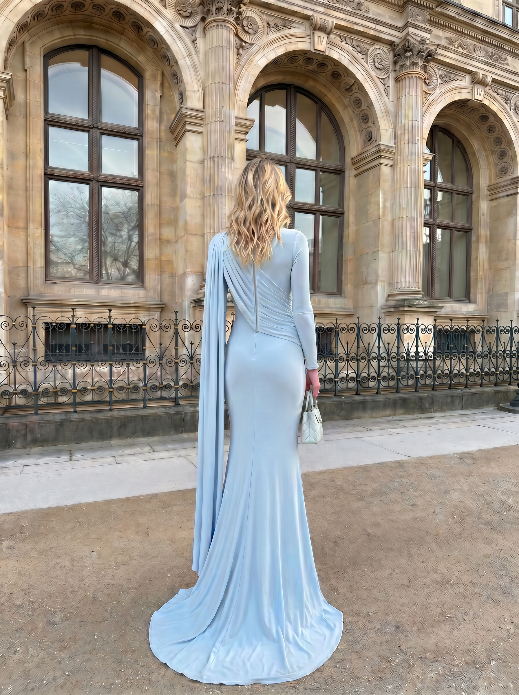Sculptural Sky Blue Draped Column Maxi Formal Evening Dress 