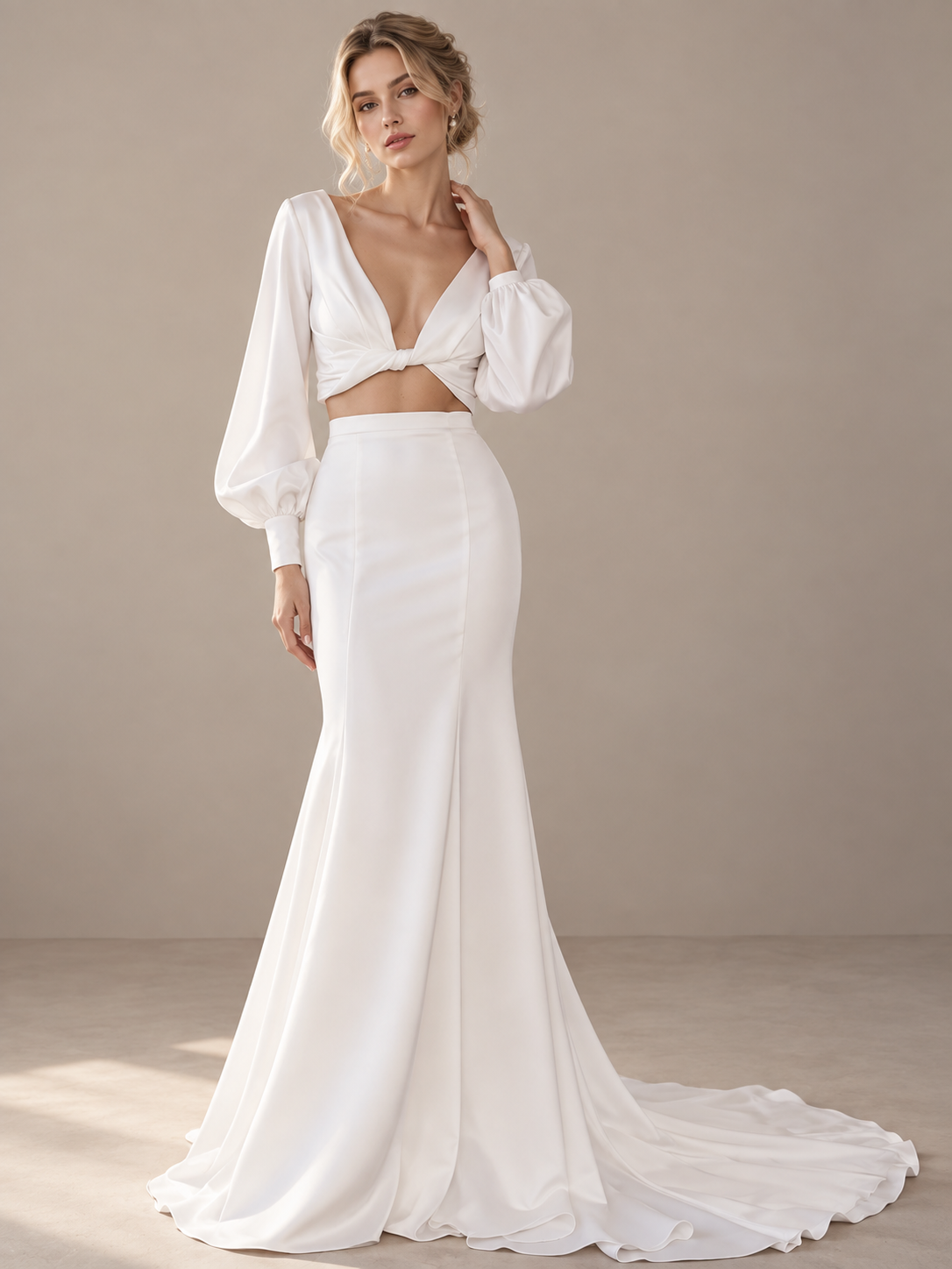 Sleek White Satin Two-Piece Cutout Long-Sleeve V-Neck Wedding Dress 