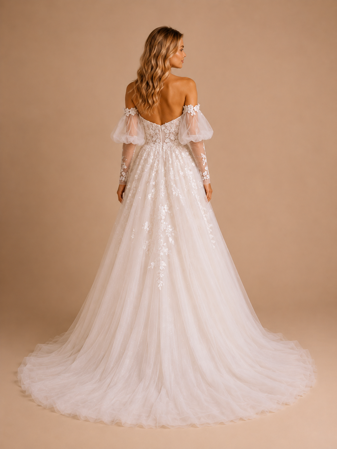 White Off-the-Shoulder Sweetheart Puff-Sleeve Lace A-Line Wedding Dress 