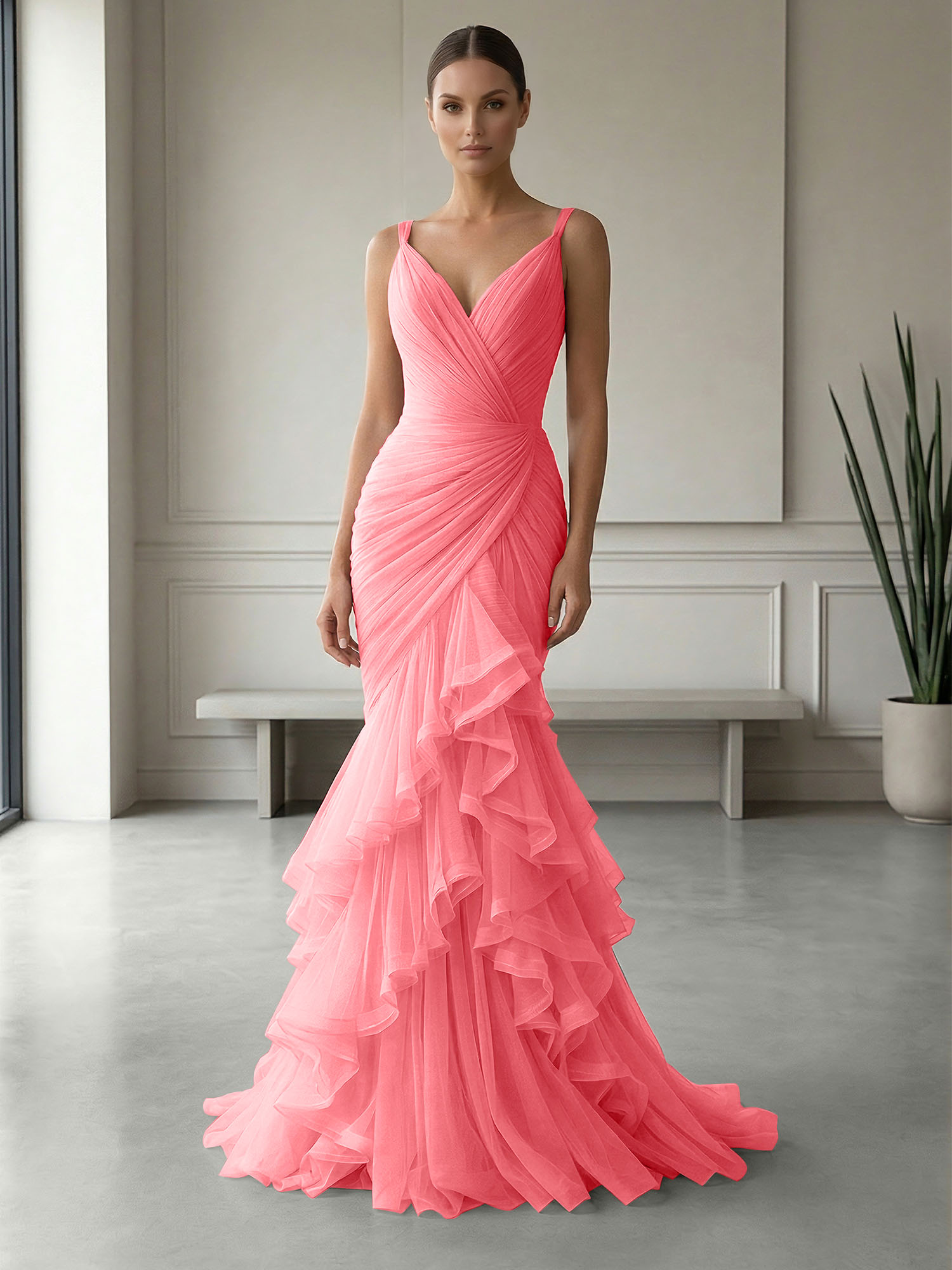 Mauve Folds Tulle Strapless Sleeveless Mermaid Gown Dress