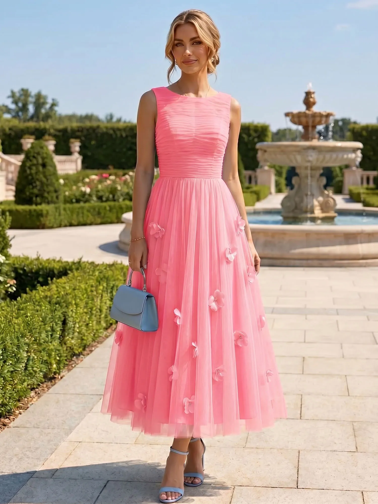 A Line Sleeveless Tulle Midi Dress with 3D Floral Appliqués