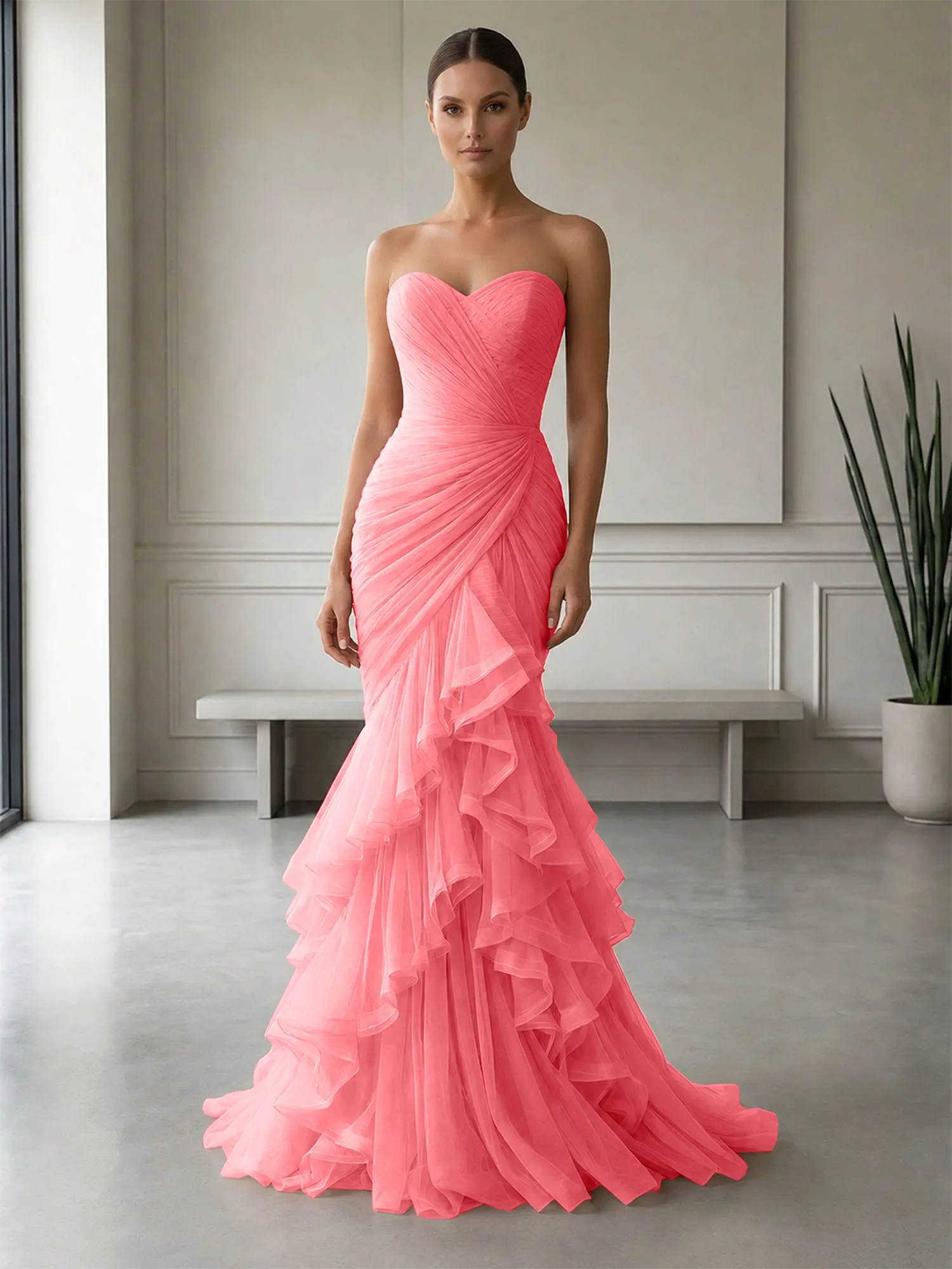Strapless Ruched Tulle Mermaid Evening Gown Maxi Dress