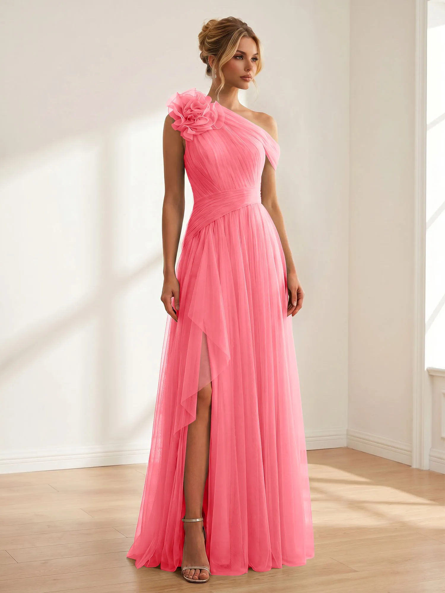 One-Shoulder Tulle Evening Gown with Floral Accent