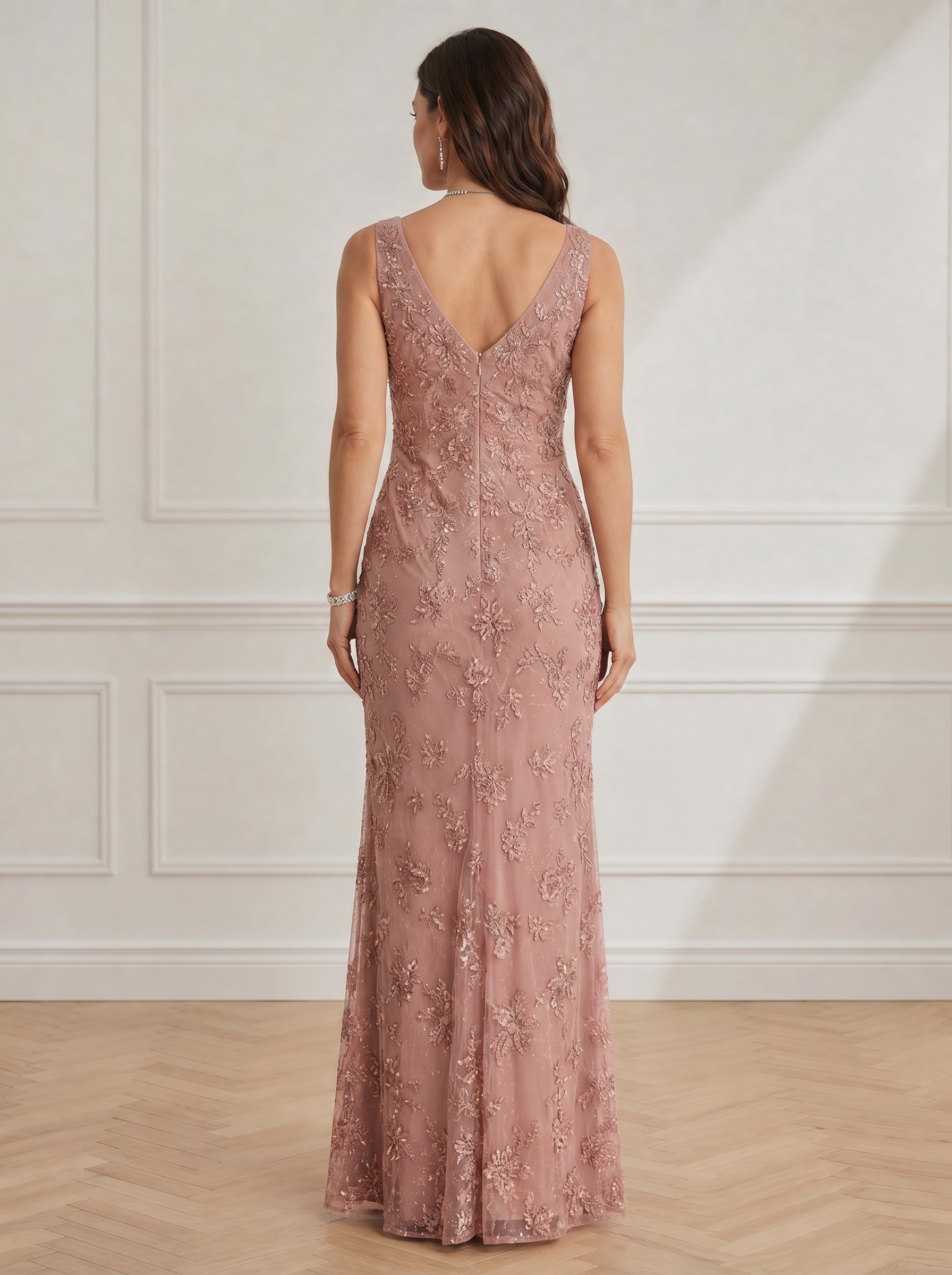 Elegant Dusty Rose Embroidered V-Neck Column Formal Evening Dress 