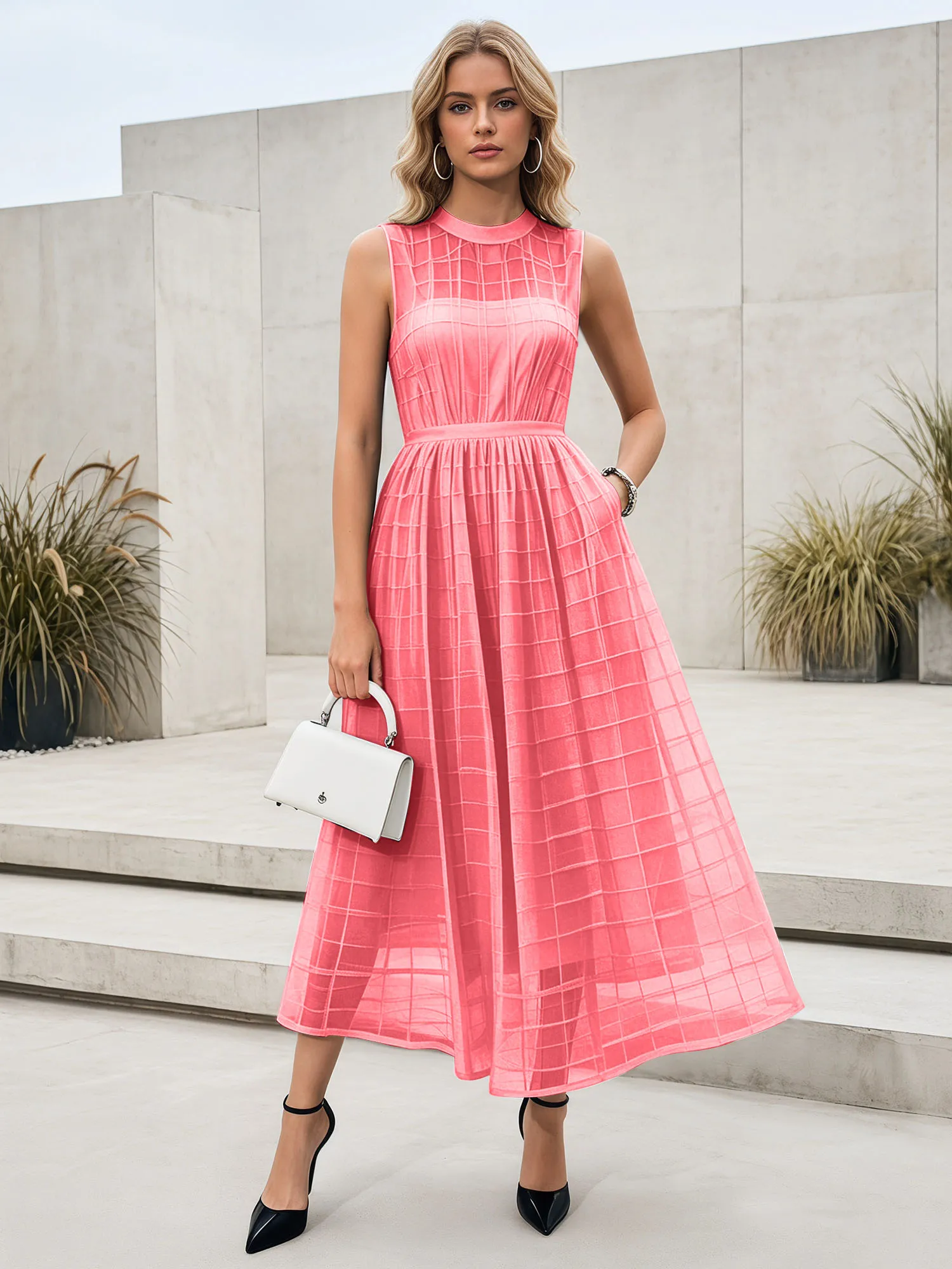 Sleeveless Grid Mesh A-Line Midi Evening Dress