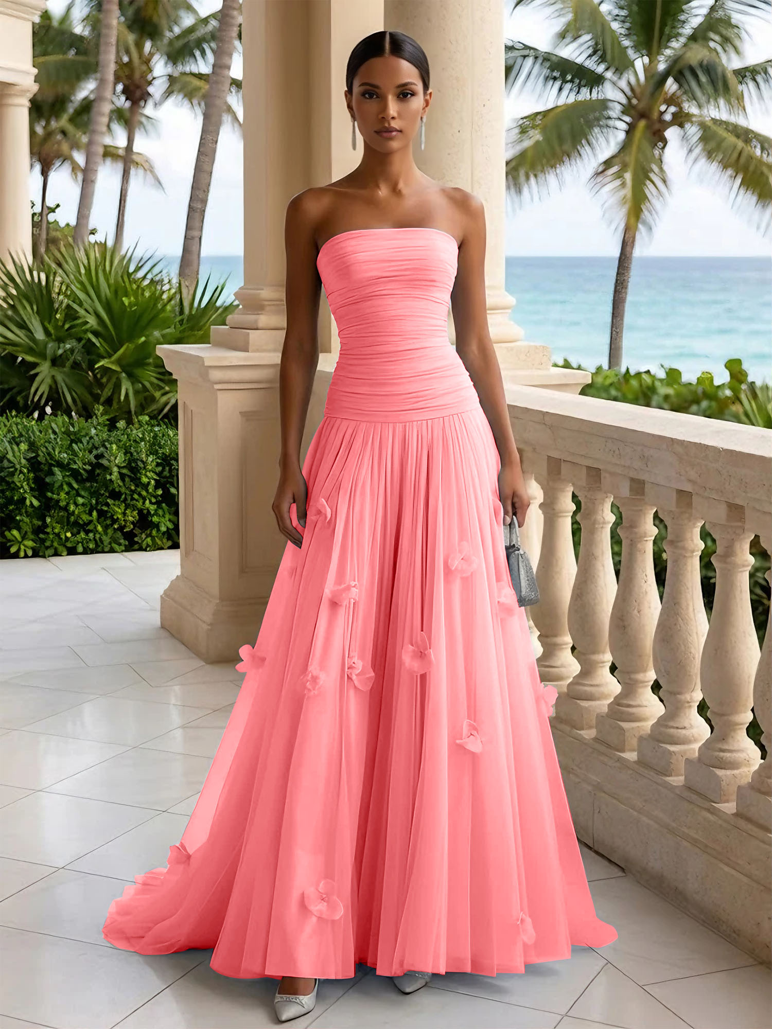 Light Blue Evening Dress with 3D Flower Strapless Pleat Maxi Dress
