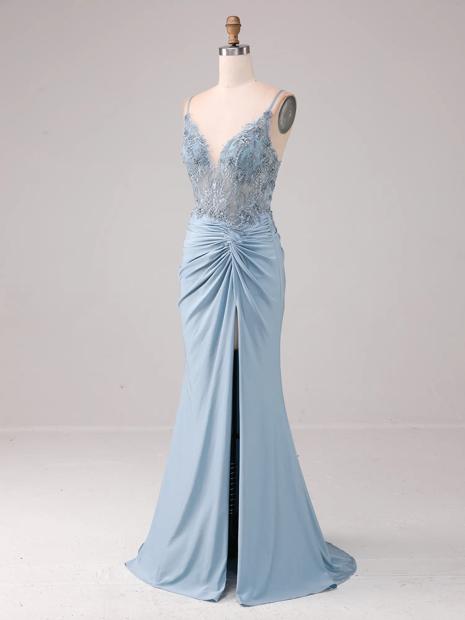Sky Blue Lace Appqué Illusion Bodice Ruched Satin Mermaid Prom Dress