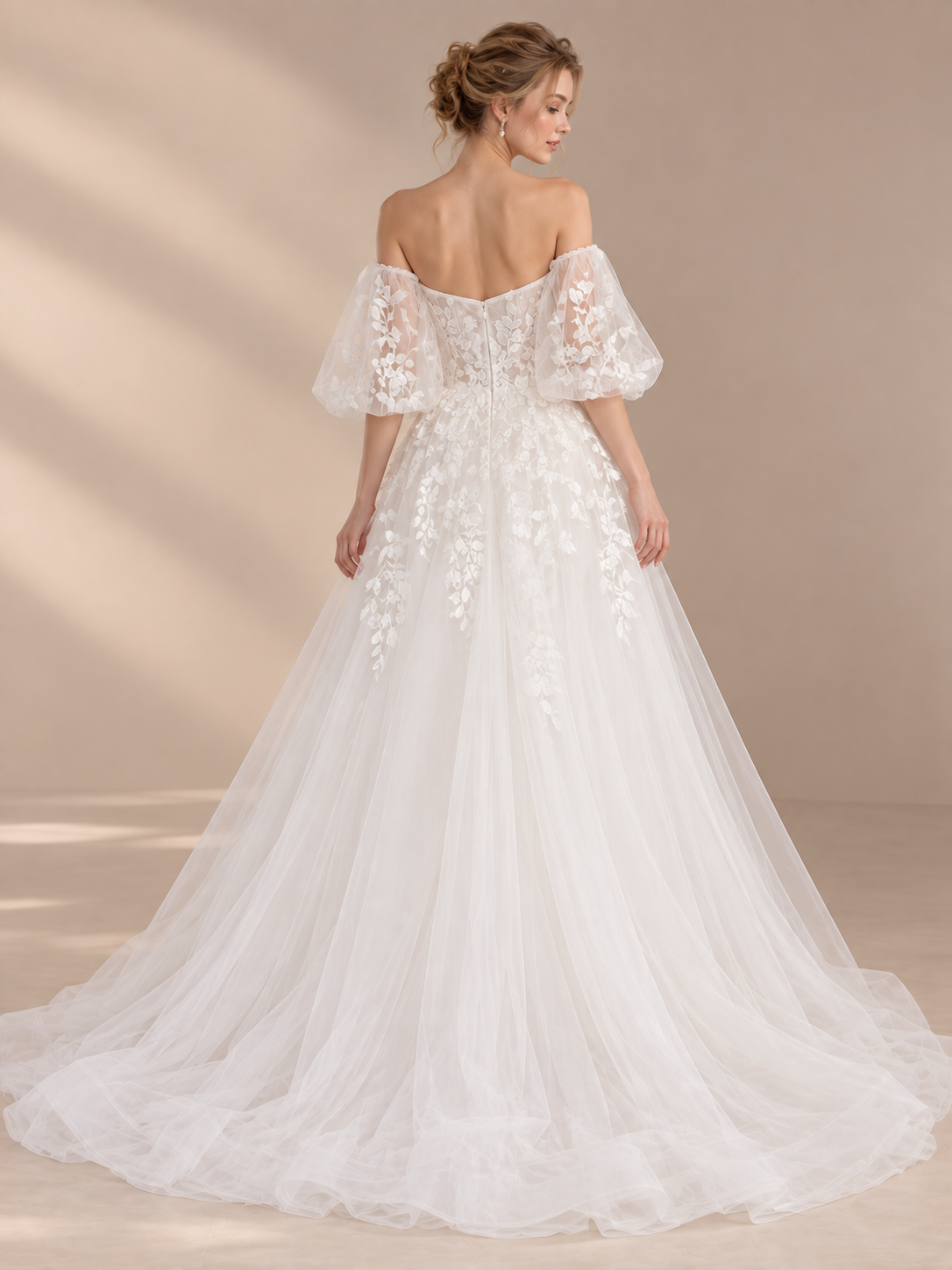 Ethereal Off-the-Shoulder 3D Floral Appliqué A-Line Wedding Dress 