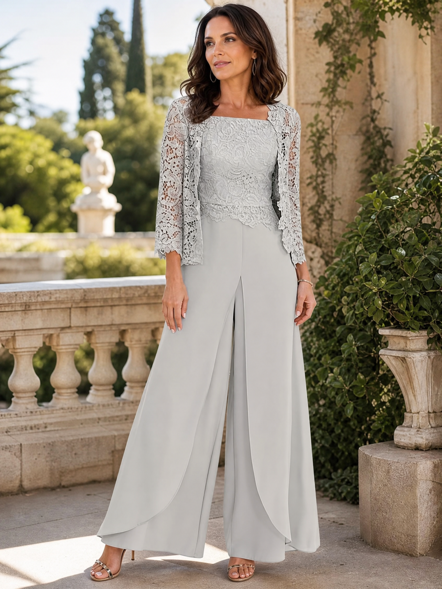 Sophisticated Grey Lace Bodice Wide-Leg Formal Evening Pant Suit with Matching Jacket