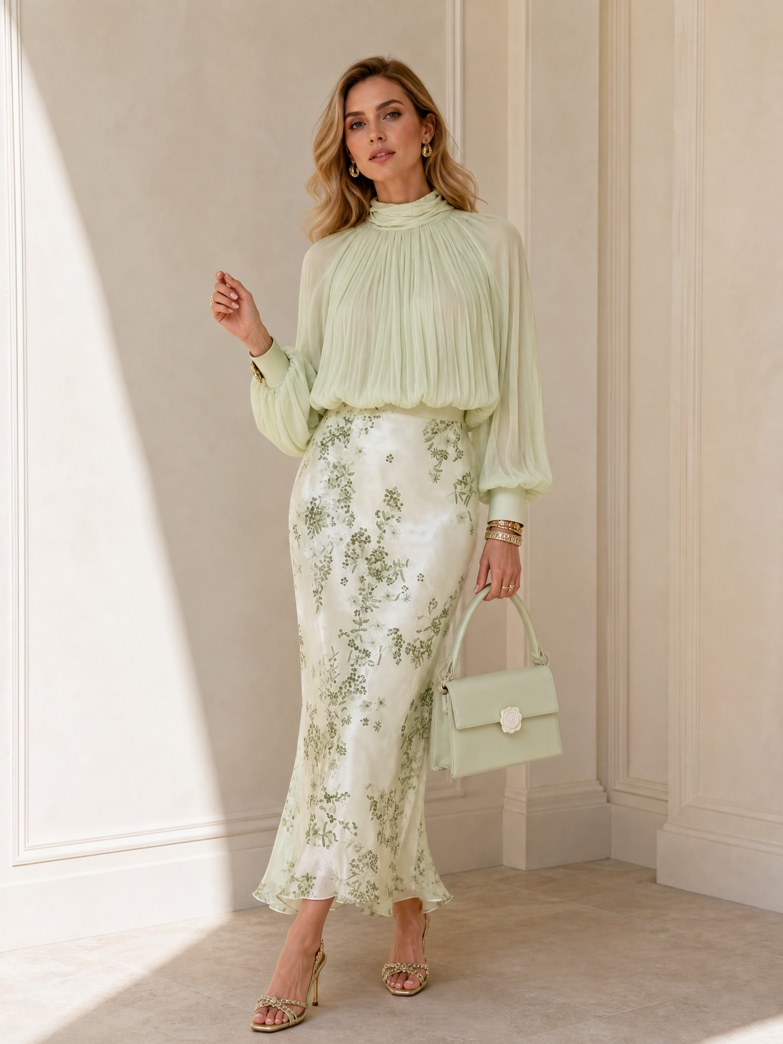 high neck sage green dress Pevafe Pleated High-Neck Floral Long Sleeve Maxi Evening Gown Luxury Pret