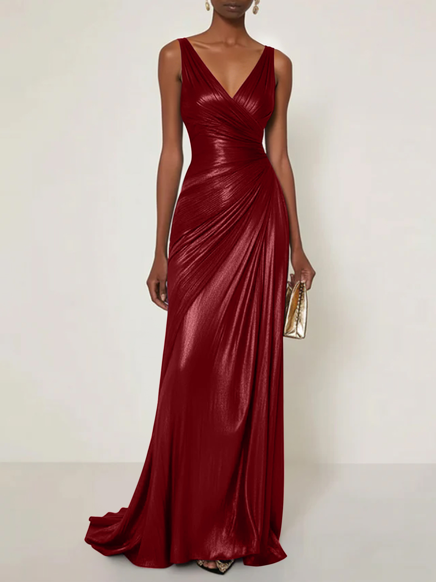 Evening Formal Dress V Neck Silk Ruffles Maxi Dress Gown