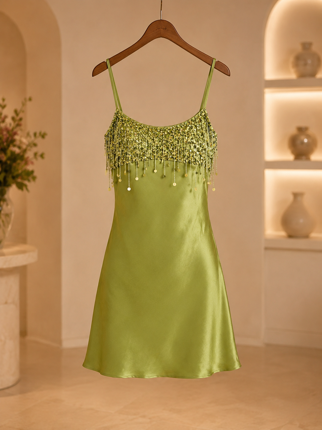 Green A-Line Spaghetti Strap Satin Short Homecoming Dress 