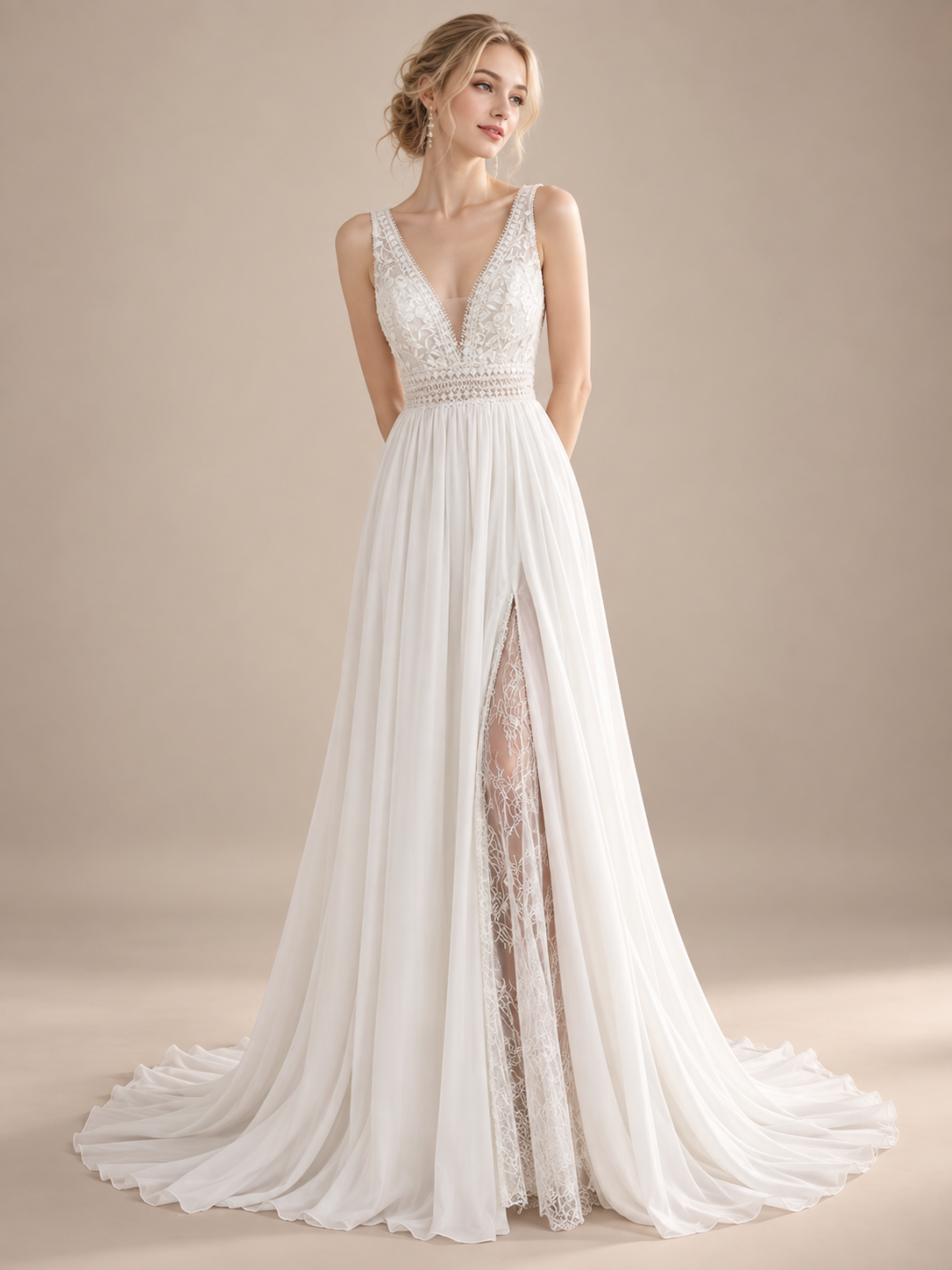 Luminous Ivory V-Neck Chiffon Slit Sleeveless A-Line Maxi Wedding Dress 