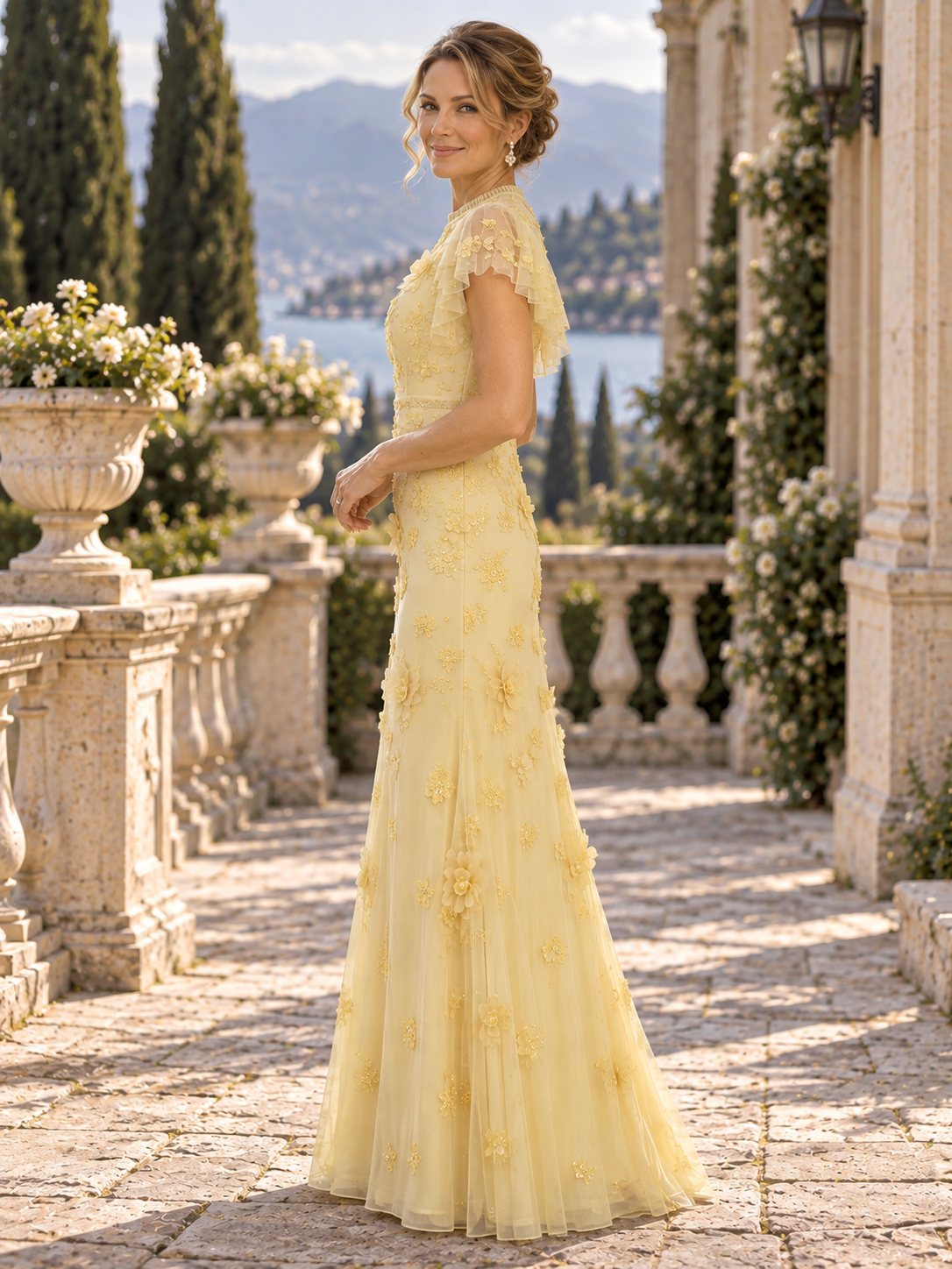 Butter Yellow Appliqué High-Neck Column Maxi Mother of the Bride & Groom Dresses 