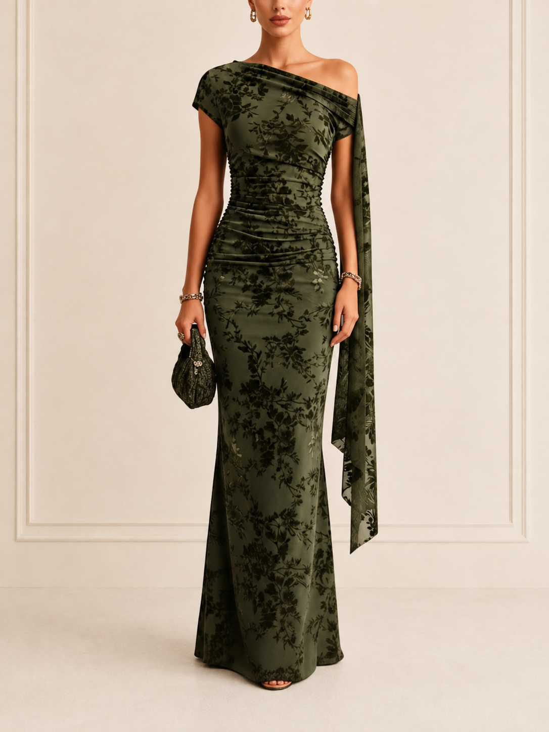 Olive Green Velvet Floral Draped One-Shoulder Sheath Maxi Evening Gown Dress
