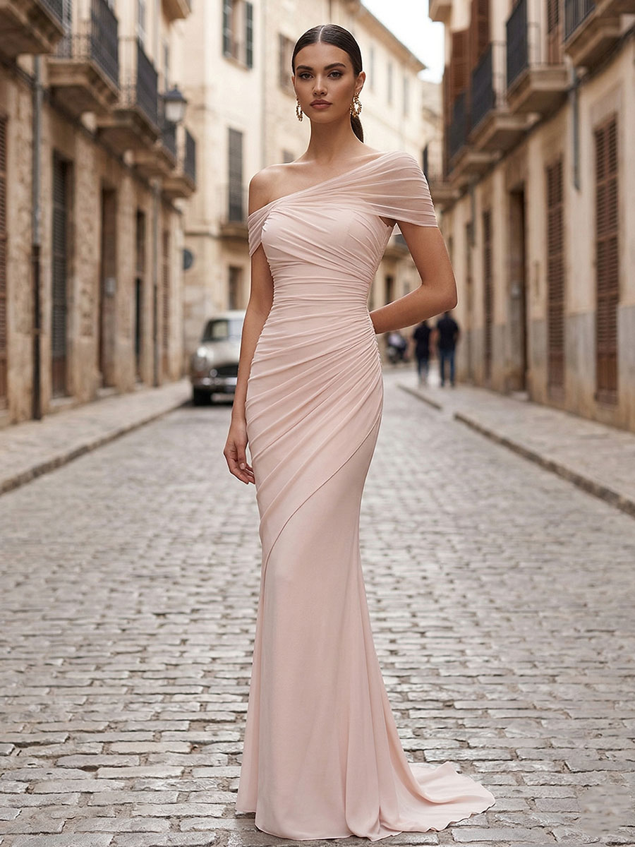 Sophisticated Nud Pink Asymmetrical Ruched Maxi Dress Evening Gown