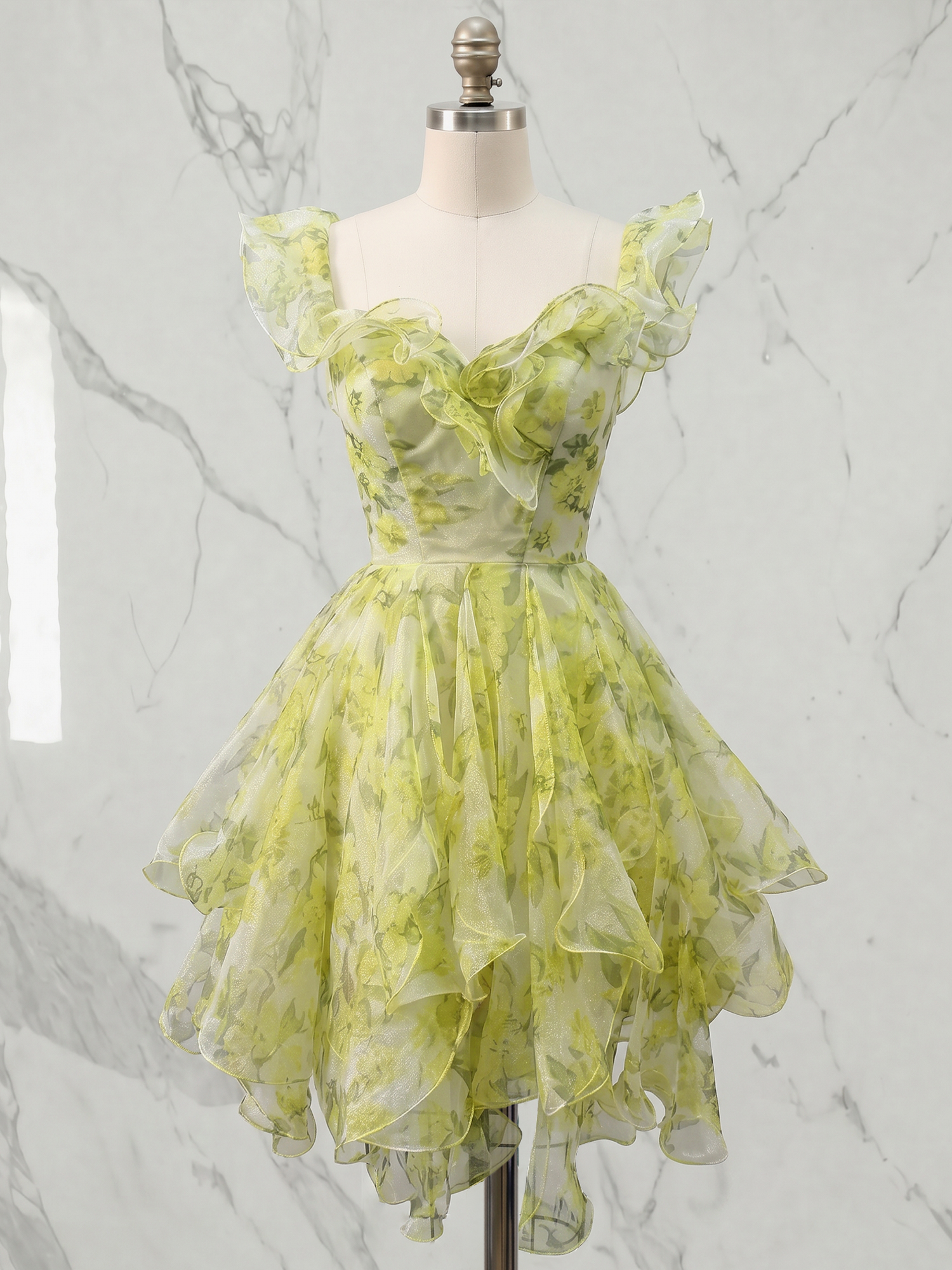 Chartreuse Yellow Ruffled Organza Asymmetrical Mini Dress Short Homecoming Dress