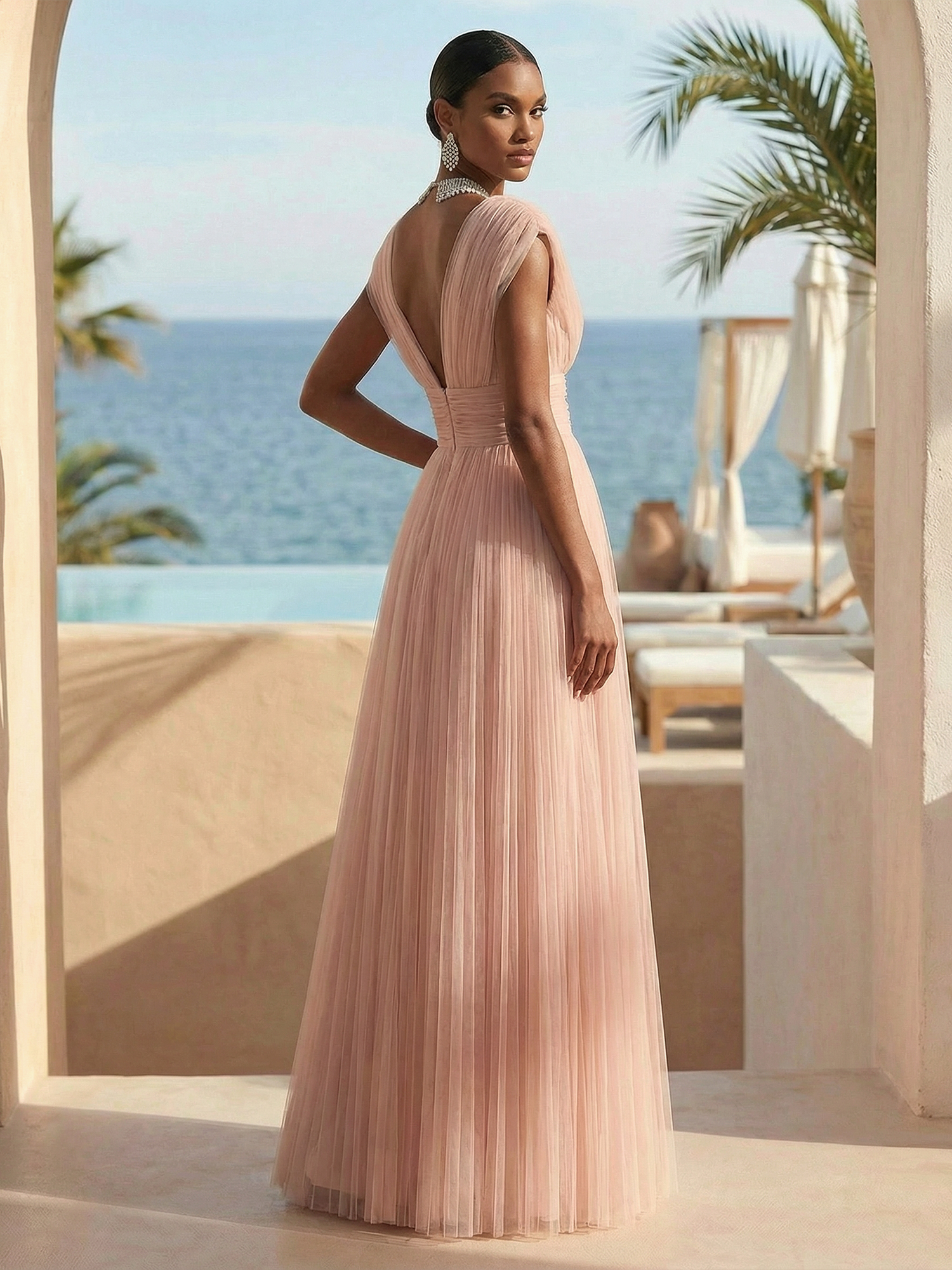 Vintage Rose Formal Dress A-Line V-Neck Pleated Tulle Maxi Dress