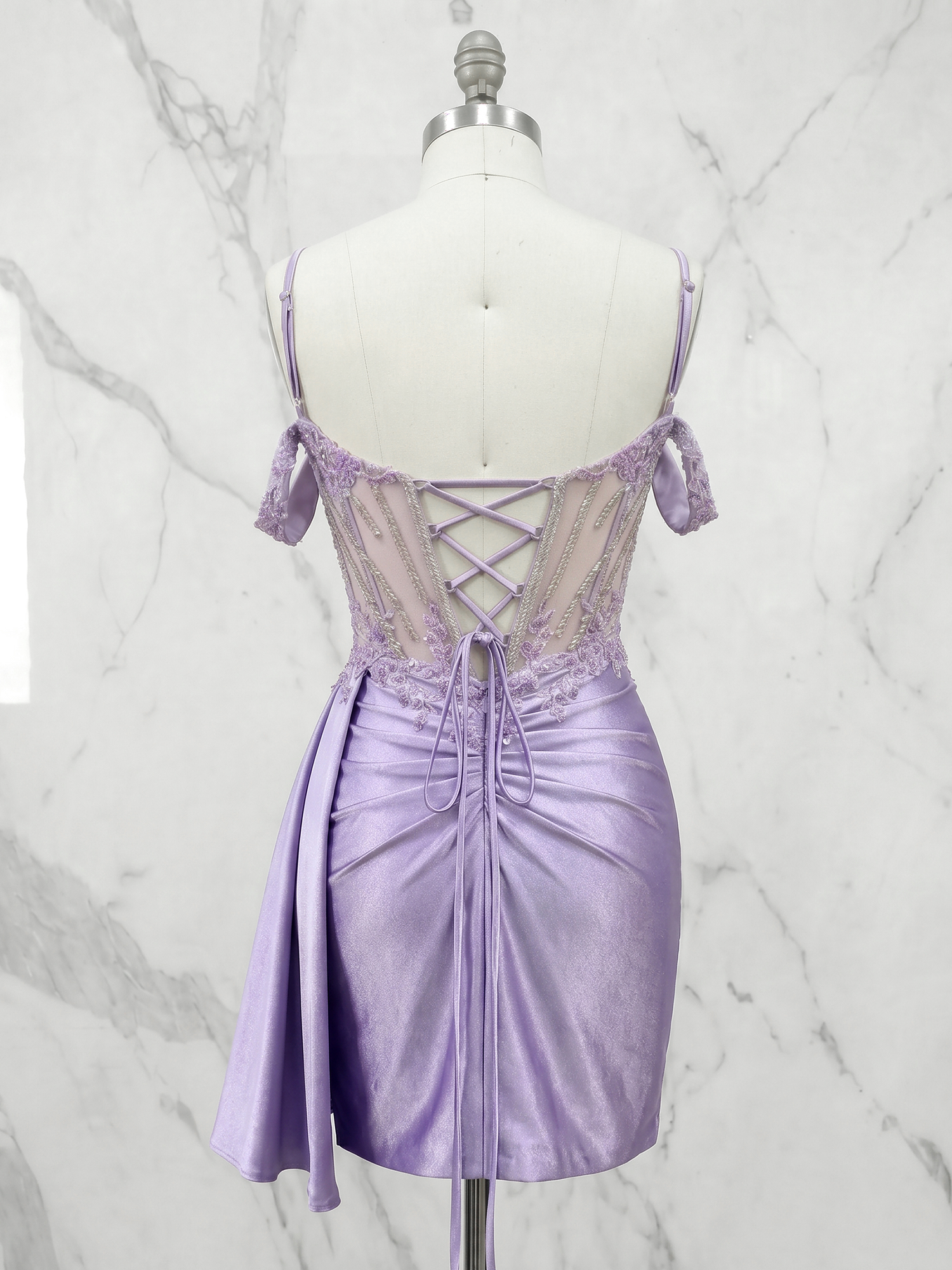 Off-the-Shoulder Lace Corset Homecoming Dress with Side Drape