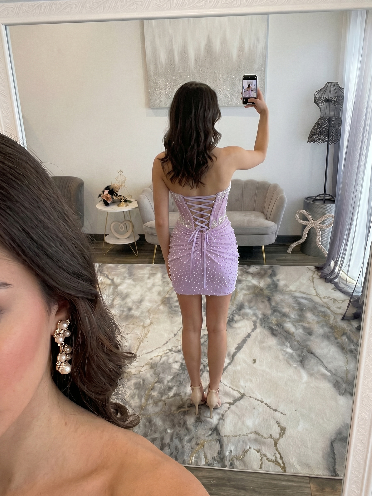 Lilac Pearl-Embellished Ruched Corset Short Homecoming Dress