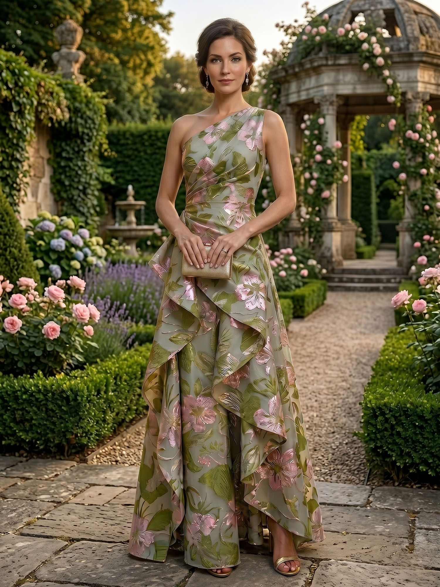 Olive Green Floral Print A-Line One Shoulder Floor-Length Mother of the Bride & Groom Dresses with Ruffles