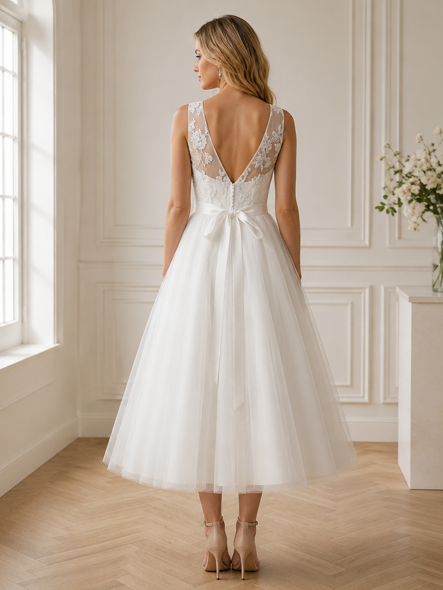Timeless Ivory Embroidered Tea-Length Wedding Dress
