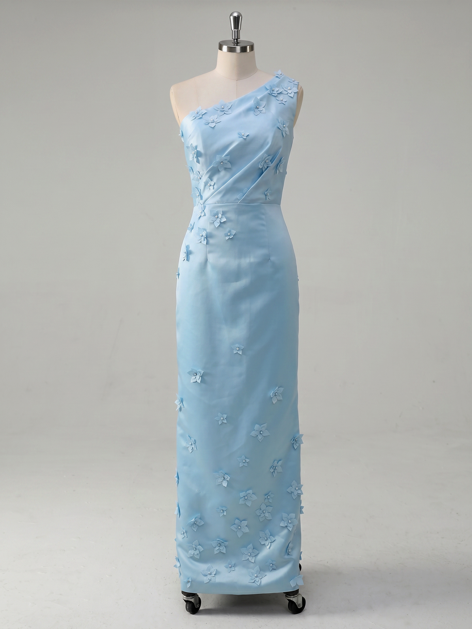Enchanting Sky Blue One-Shoulder Evening Dress with 3D Floral Appliqués