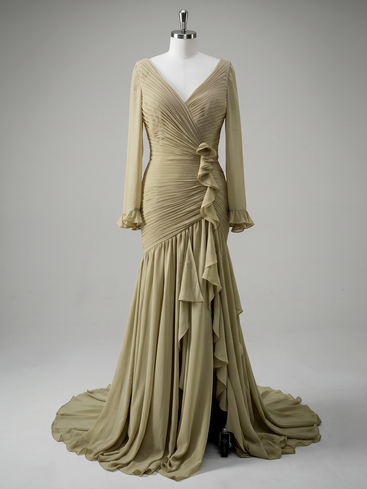 Grecian Olive Green Ruched Long-Sleeve Cascading Ruffle Formal Evening Dress