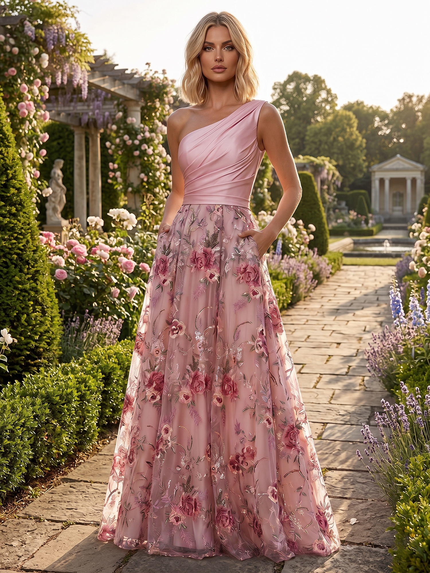 Enchanting Rose Embroidered One-Shoulder Mother of the Bride & Groom Dresses