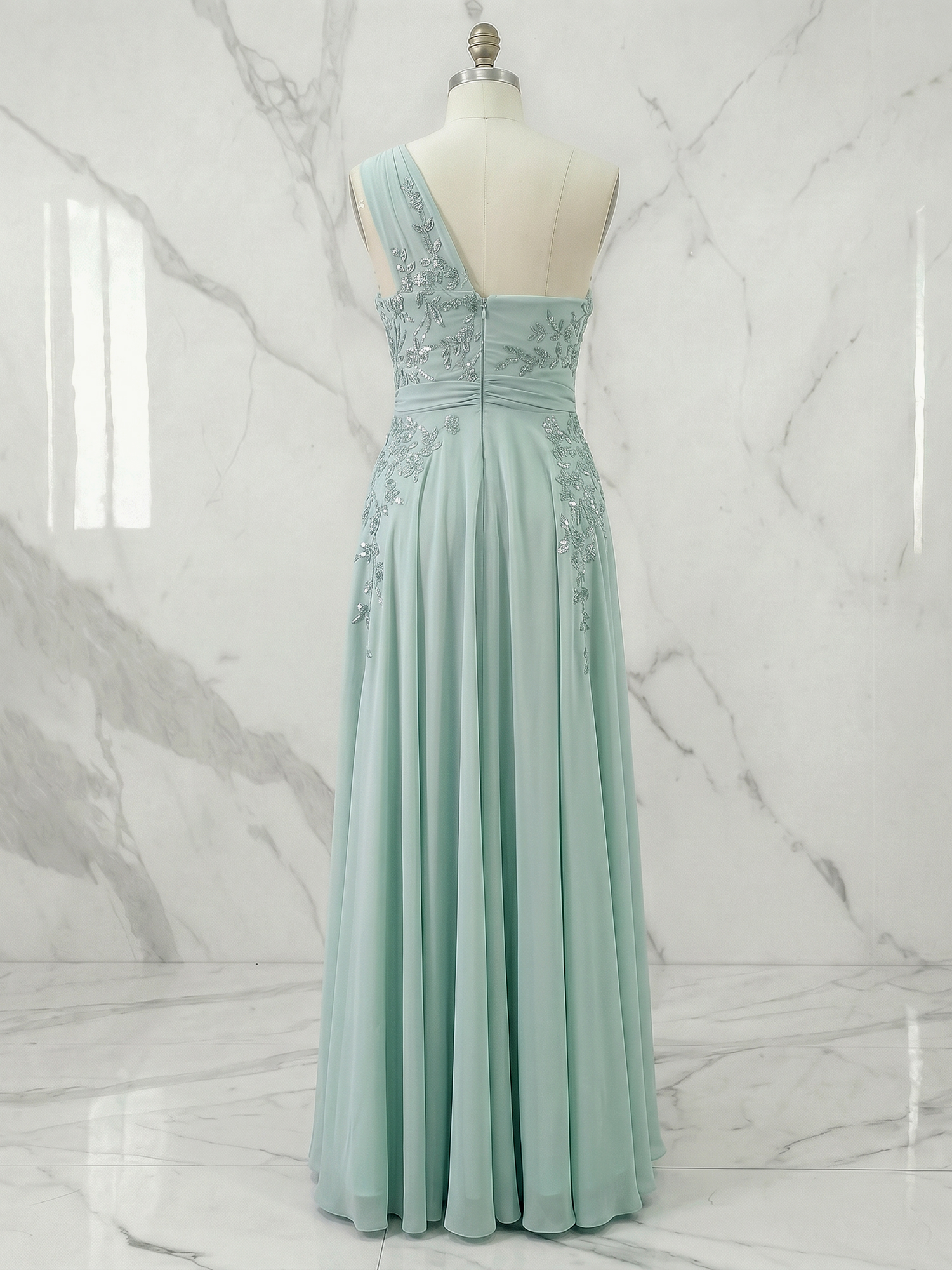 Ethereal Mint Green One-Shoulder Chiffon Evening Dress with Delicate Floral Embroidery