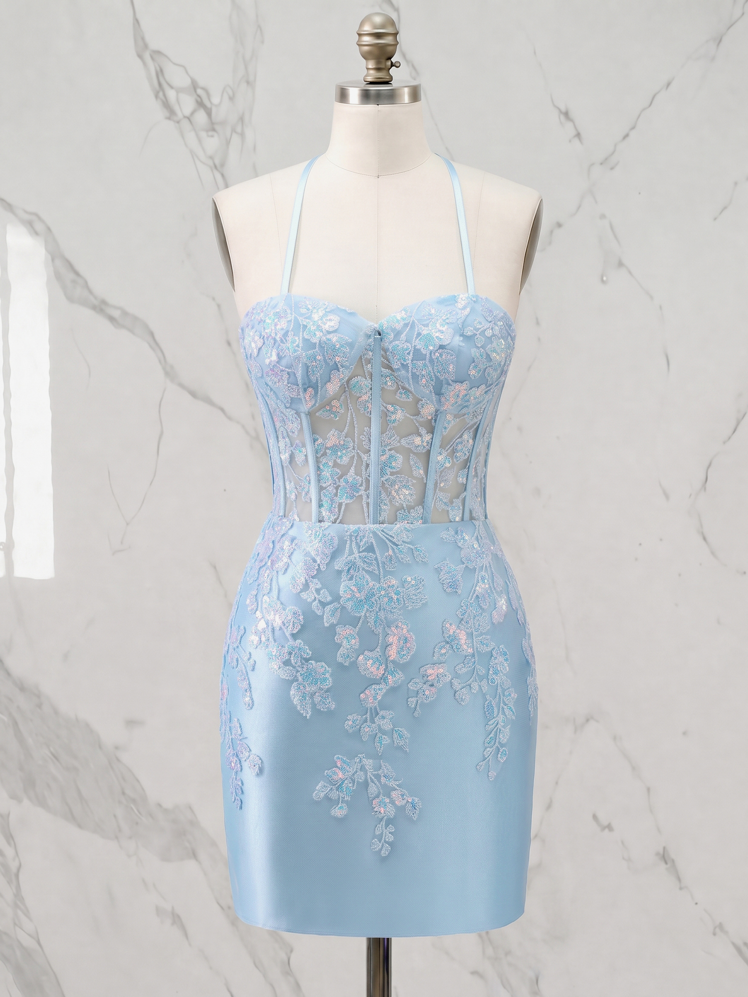  Baby Blue Sequined Lace Sheer Corset Homecoming Dress with Lace-Up Back