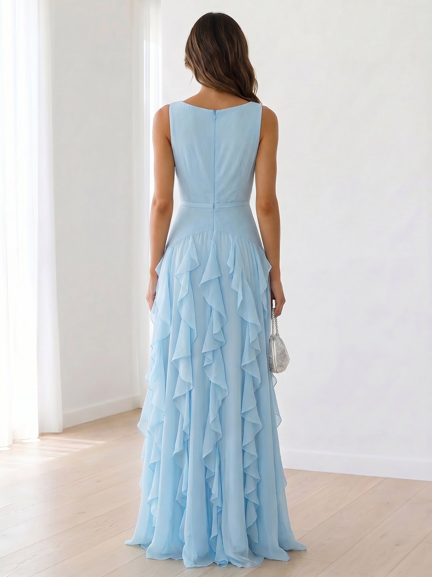 Ethereal Powder Blue Cascading Ruffle Maxi Formal Evening Dress