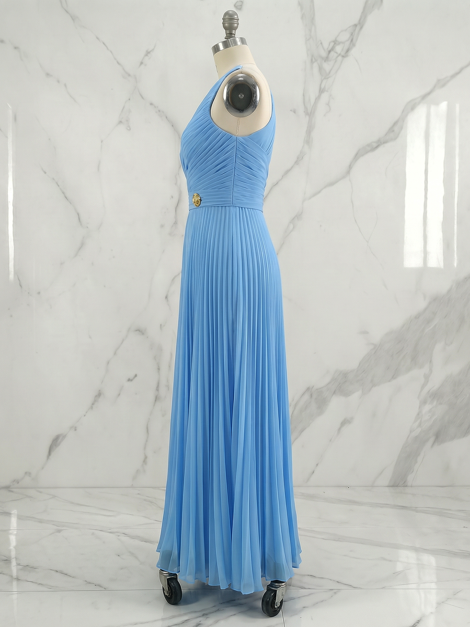 Sky Blue Pleated Chiffon Halter Strapless Formal Evening Dress