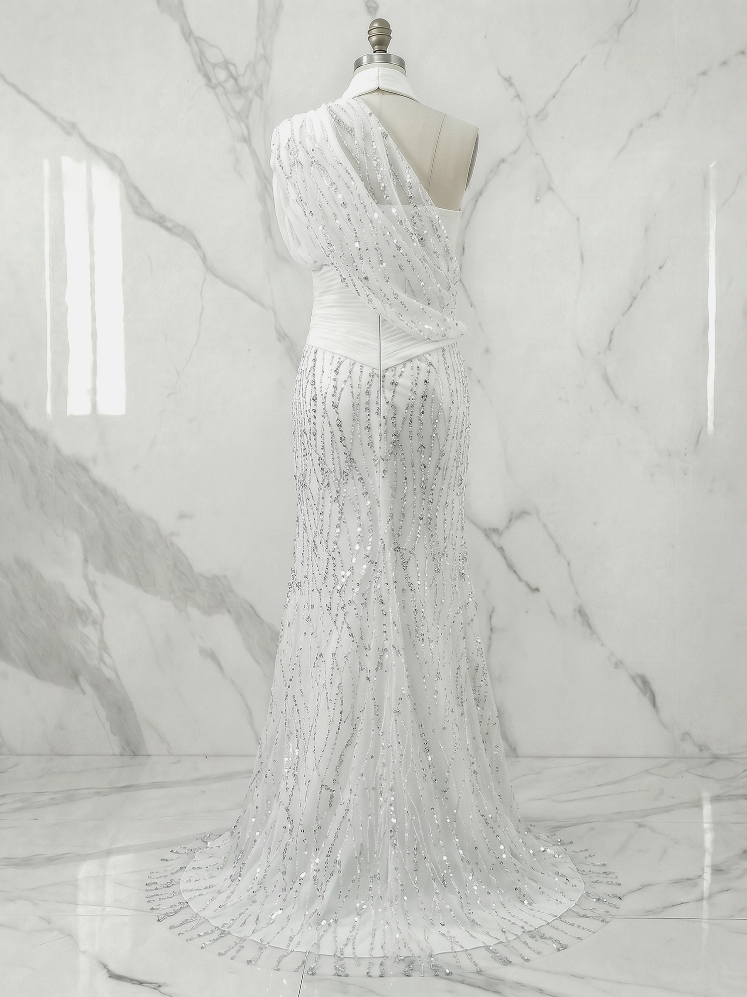 Ethereal White Beaded High-Neck Draped Sheath Formal Evening Dress