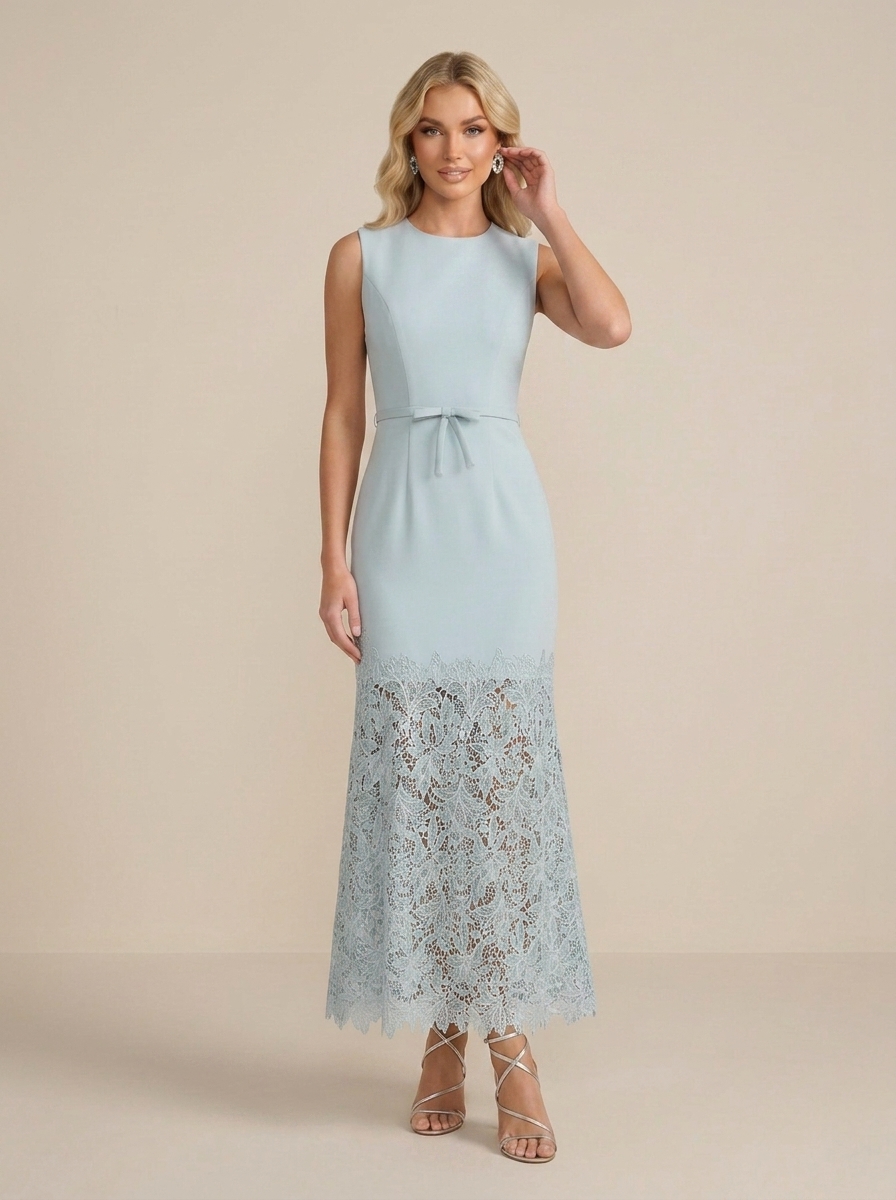 Refined Powder Blue Formal Evening Dress with Scalloped Lace Hem