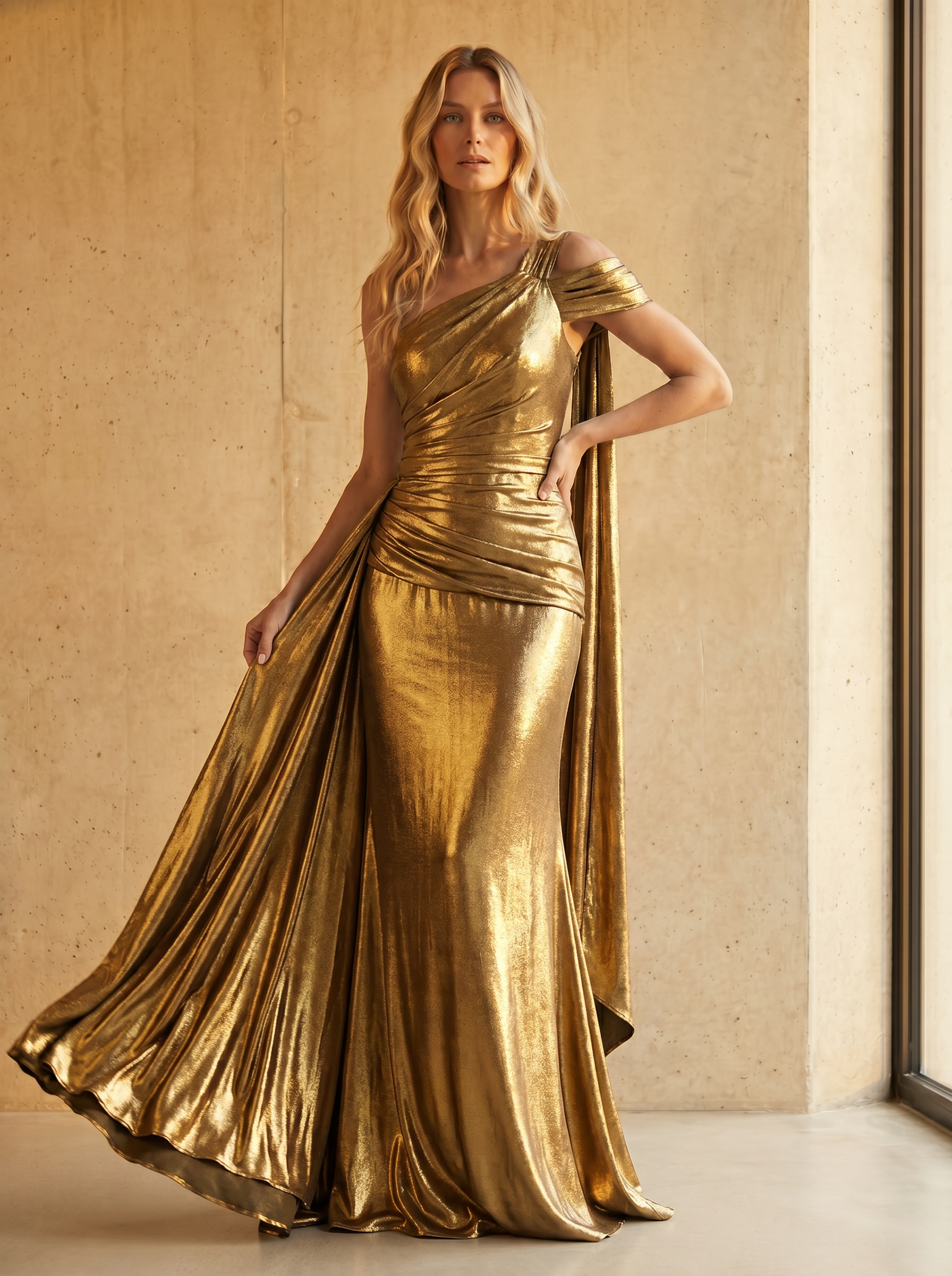 Gilded Goddess Metallic Gold Draped One-Shoulder Sheath Formal Evening Dress