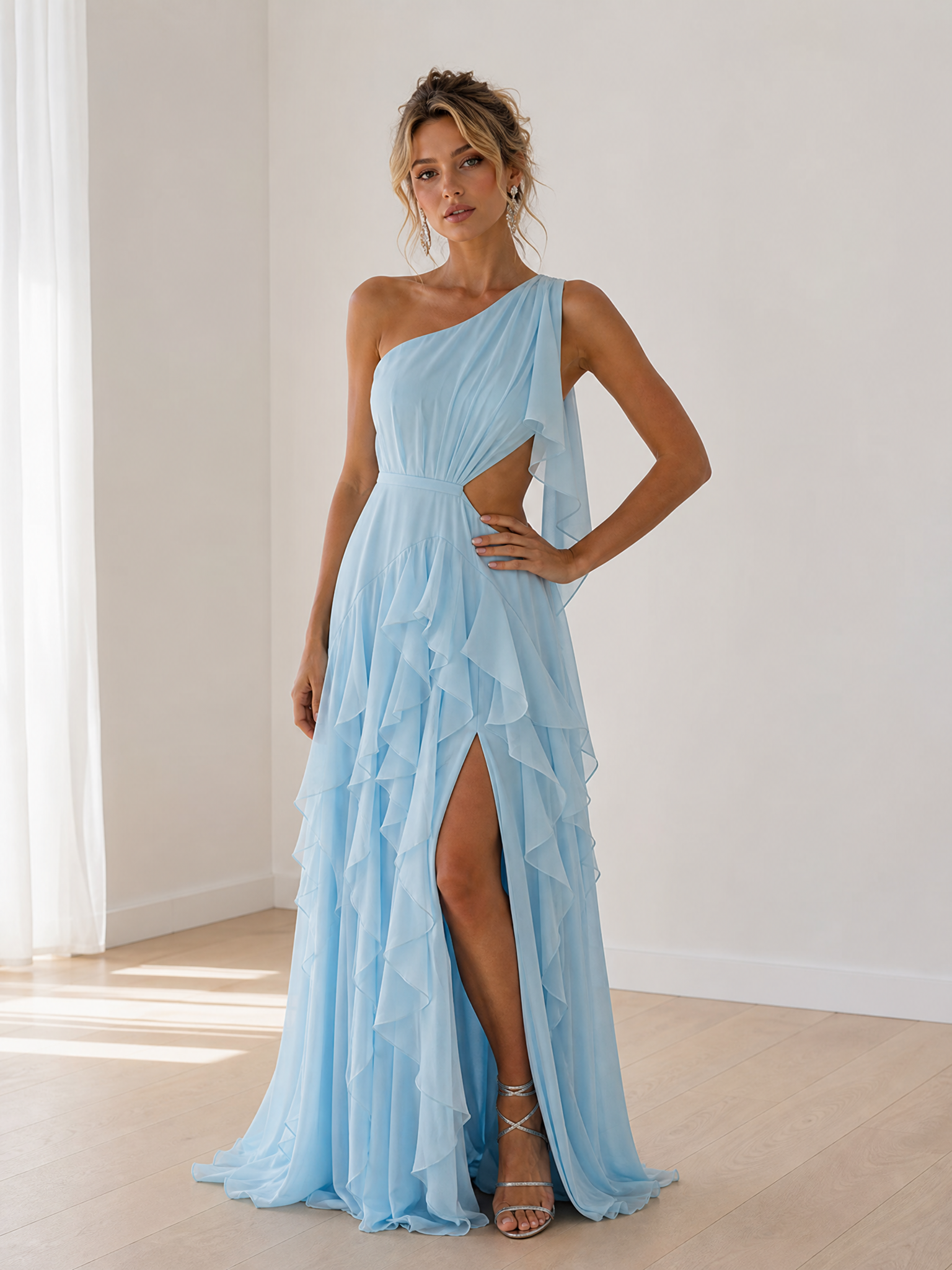 Ethereal Sky Blue Ruffled One-Shoulder A-Line Formal Evening Dress With Slit