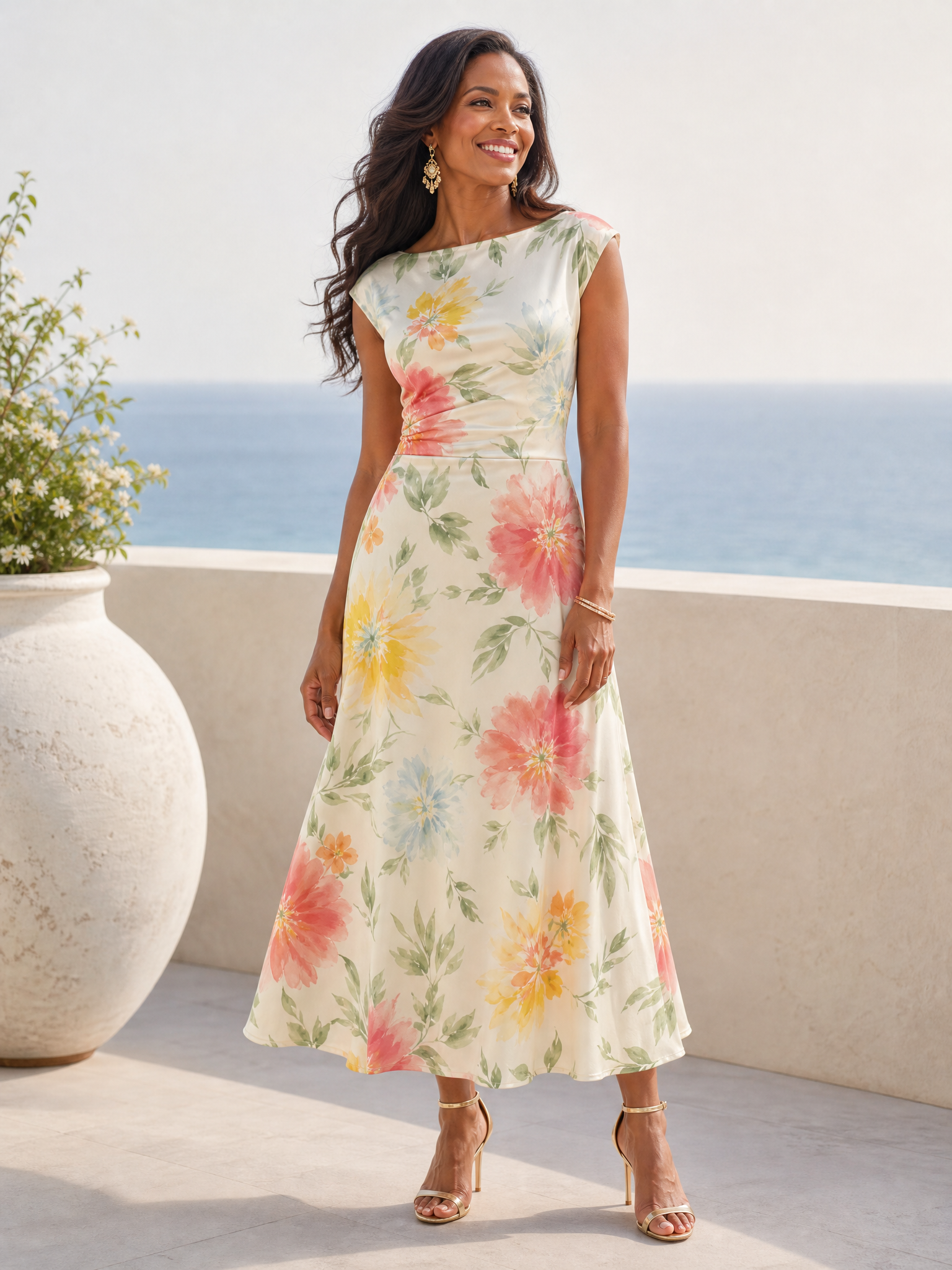 Luminous Ivory Floral Satin A-Line Midi Formal Evening Dress 