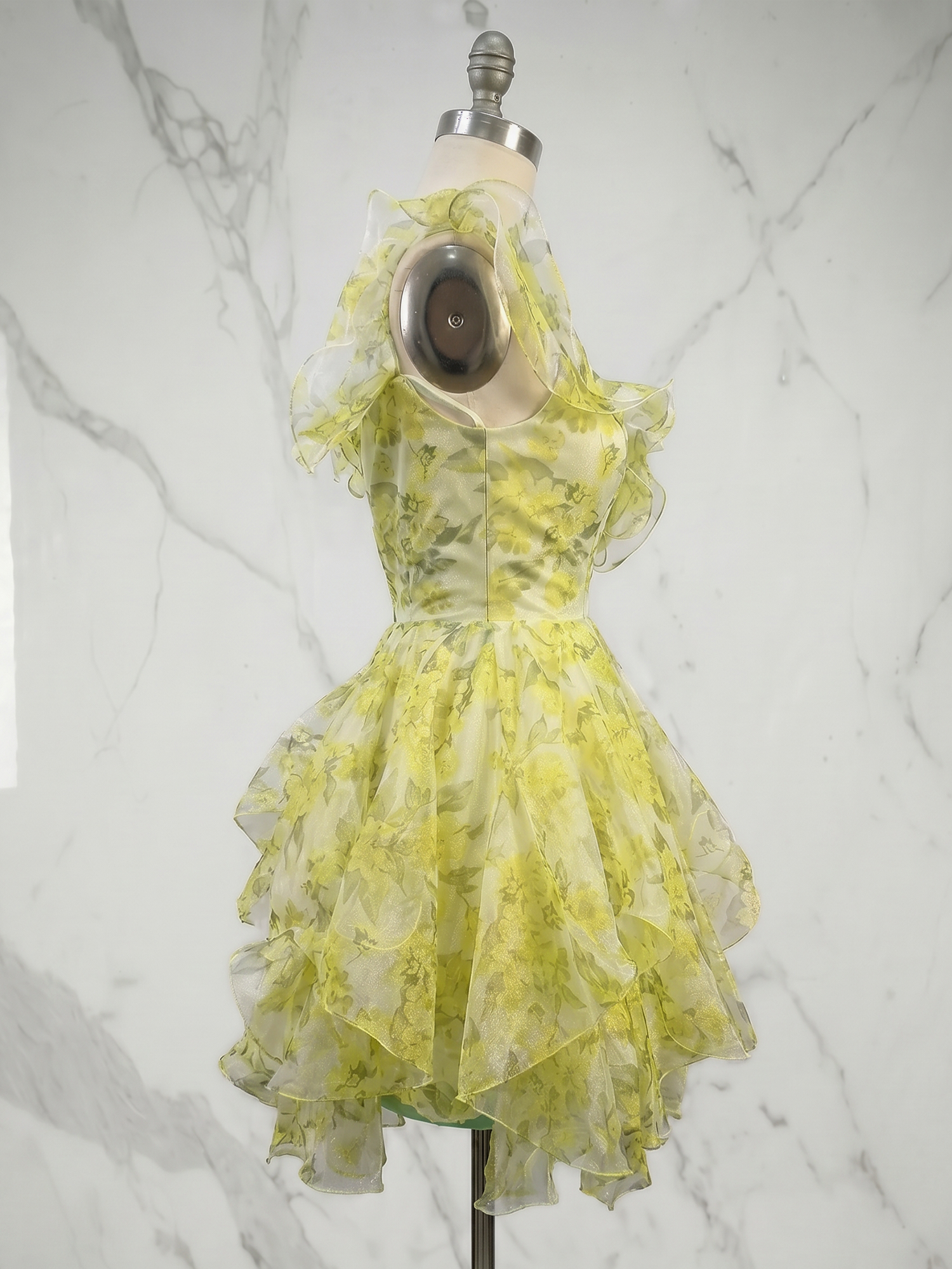 Chartreuse Yellow Ruffled Organza Asymmetrical Mini Dress Short Homecoming Dress