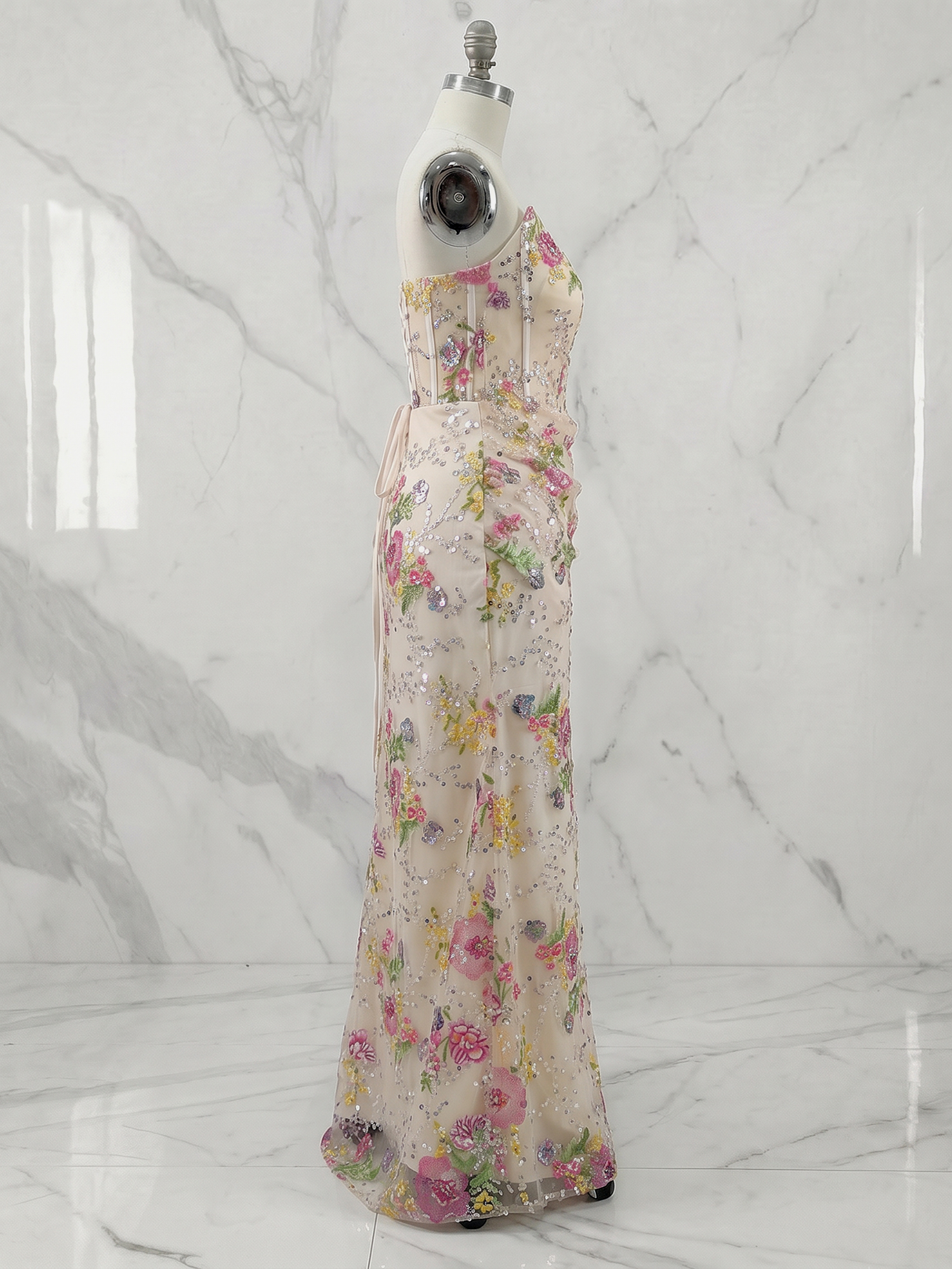Champagne Floral Embroidered Sequin Corset Slit Maxi Prom Dress
