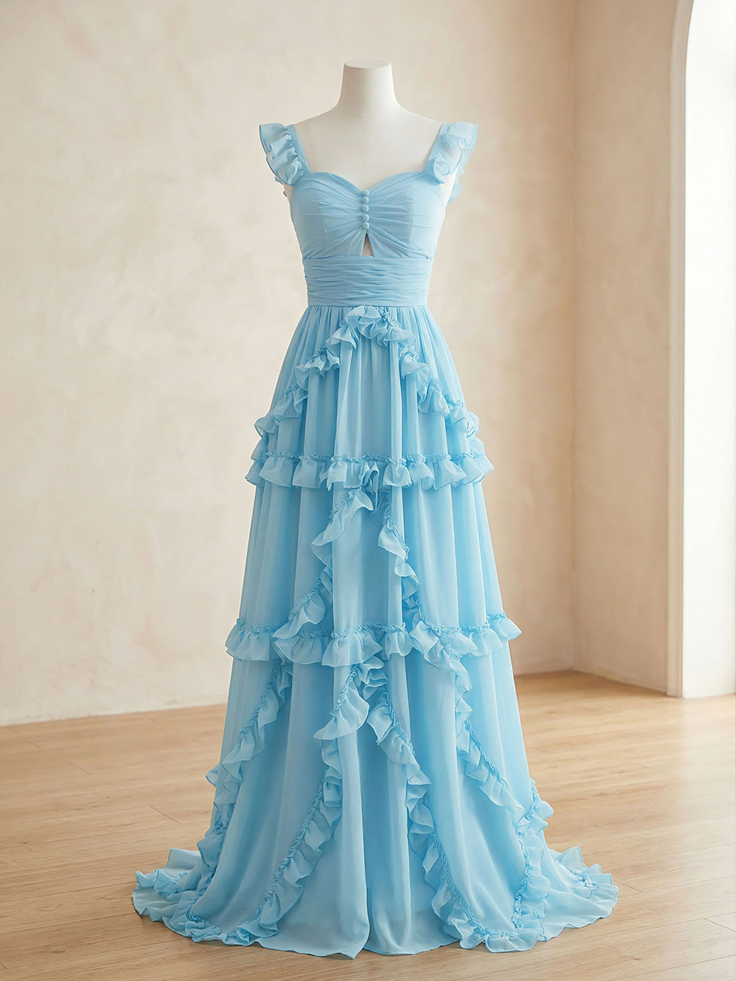 Ethereal Sky Blue Tiered Ruffle Chiffon Maxi Dress Gown