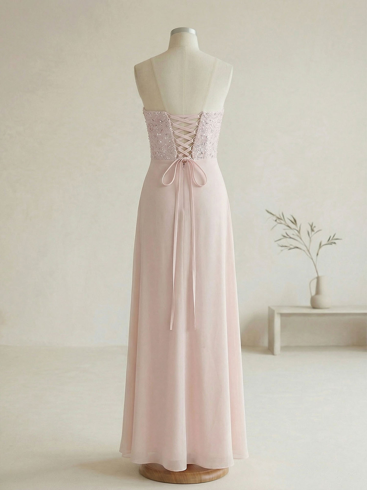 Glamorous Formal Evening Dress Soft Blush Beaded Strapless Slit Gown