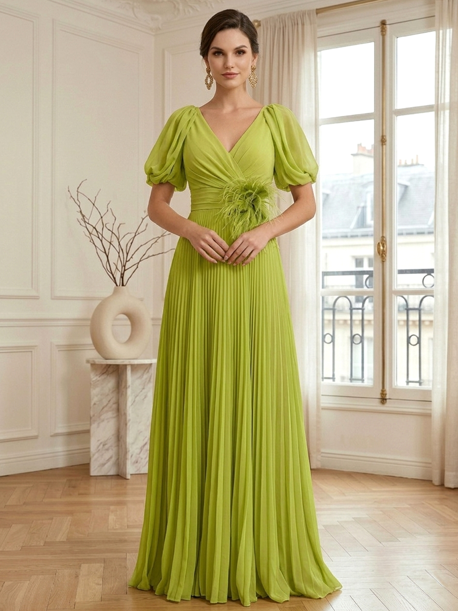 A-Line Chiffon Evening Gown with Feather V-Neck Short Sleeves Formal Dress