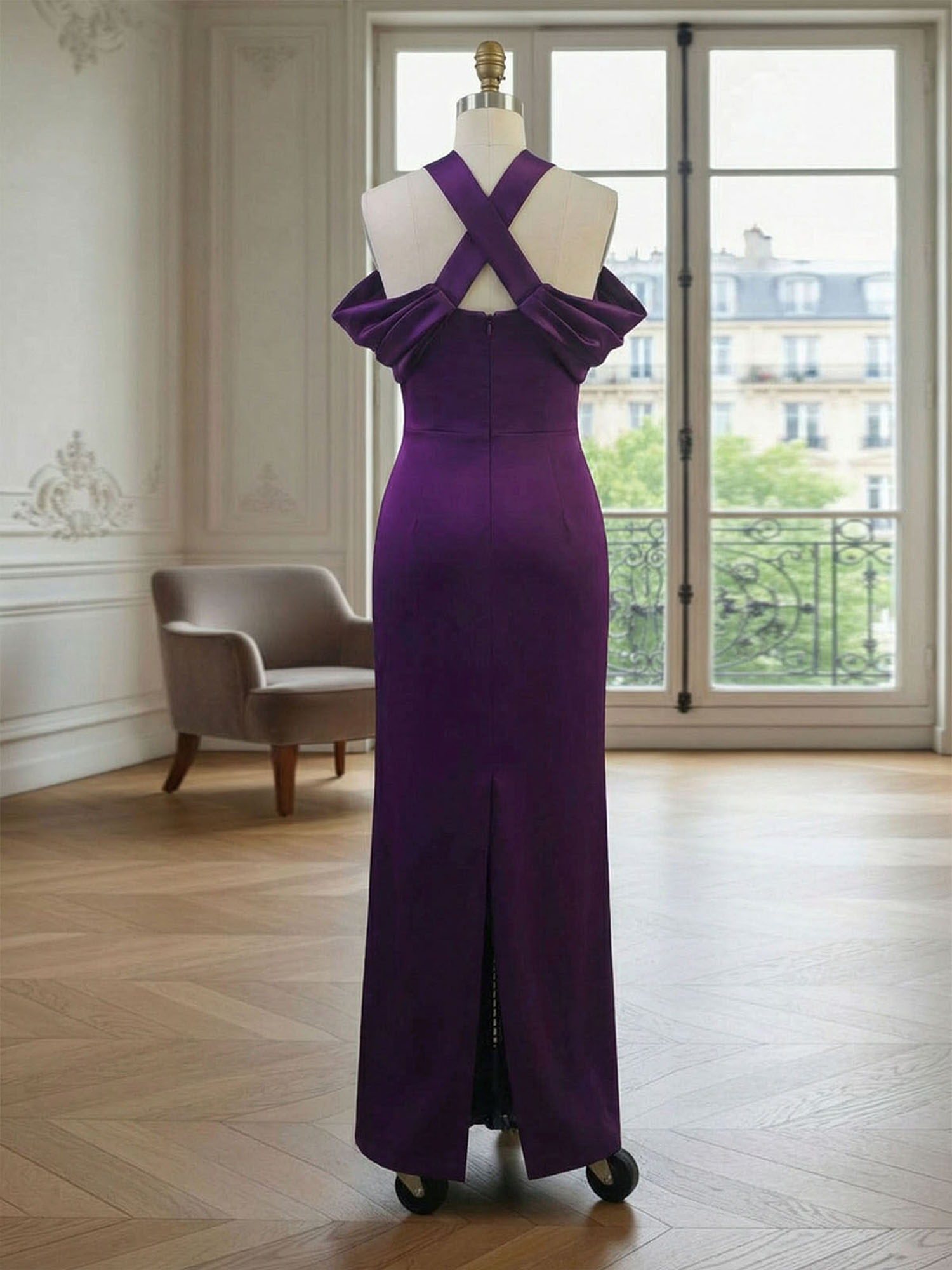  Regal Plum Crepe Column Gown with Satin Criss-Cross Halter Maxi Dress