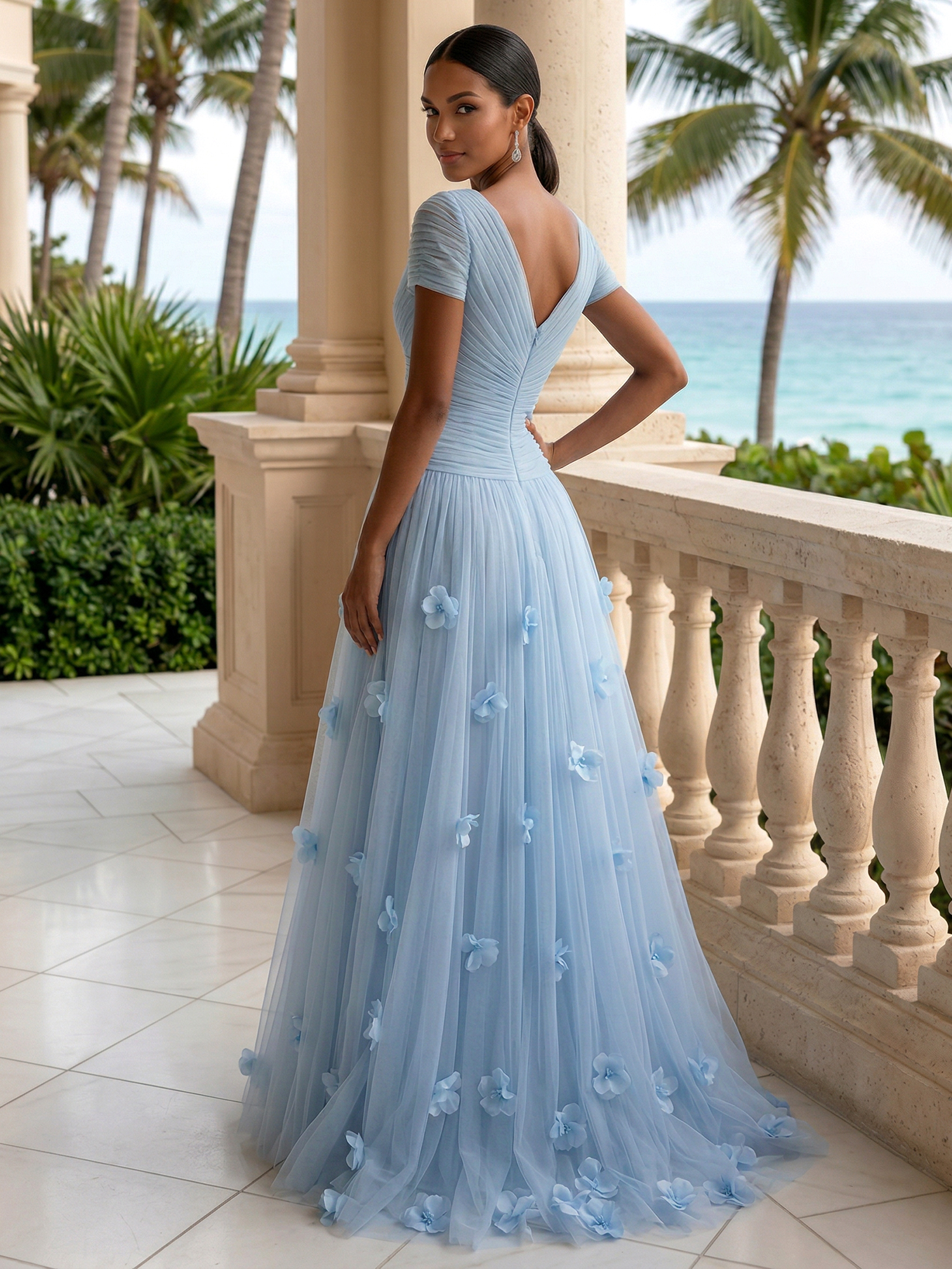 Elegant V-Neck Ruched Tulle A-Line Evening Gown with 3D Floral Appliqués