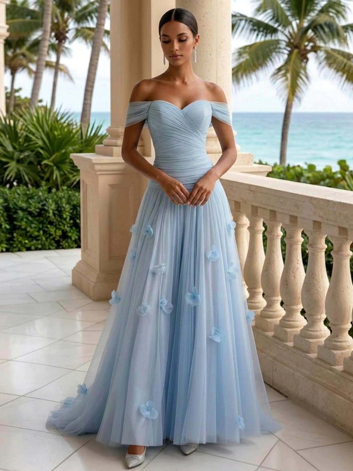 Elegant Off-the-Shoulder Ruched Tulle A-Line Evening Gown with 3D Floral Appliqués