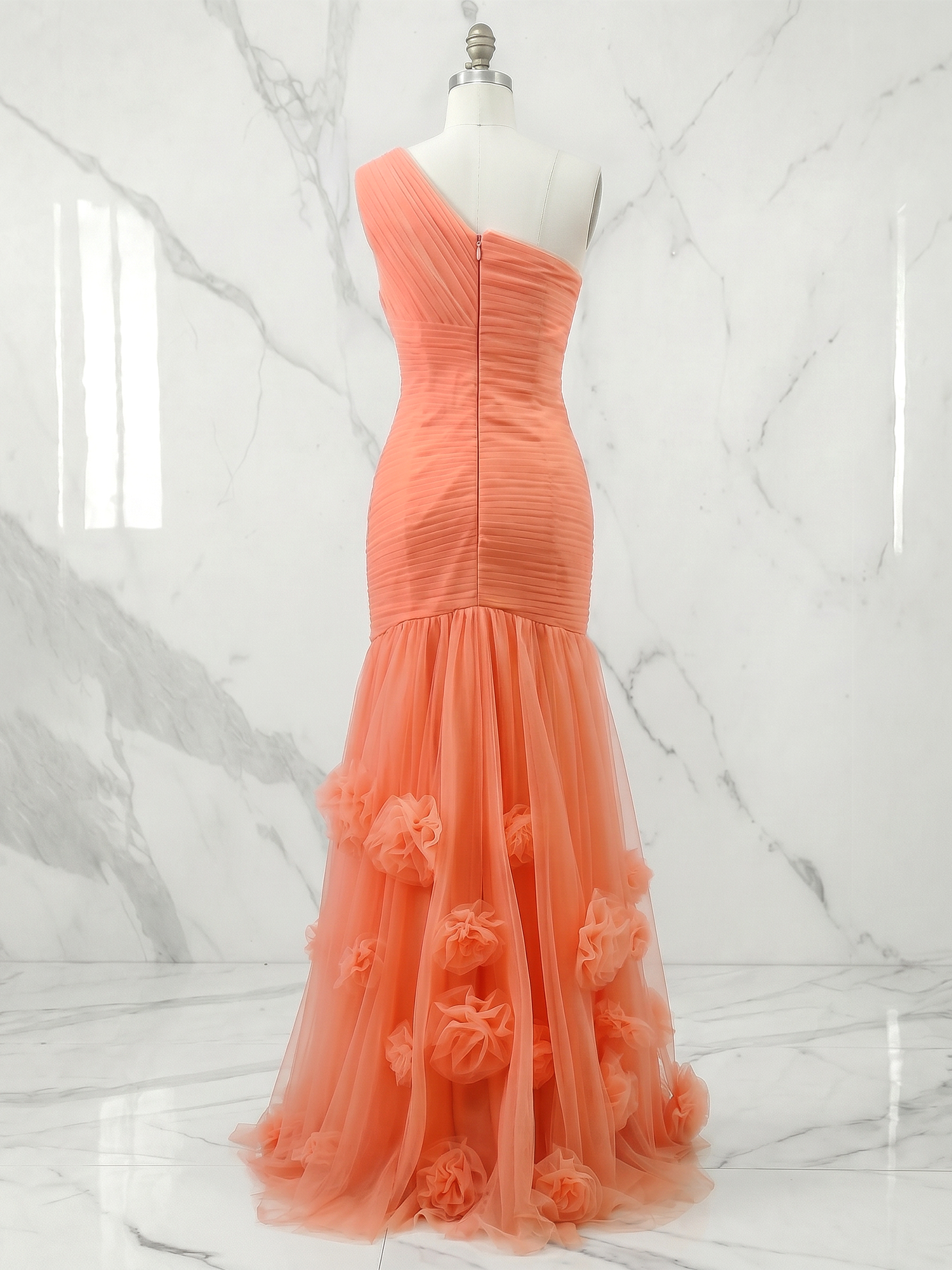 Coral Sweetheart Tulle Pleat One Shoulder Mermaid Evening Dresses Gown with 3D Flower