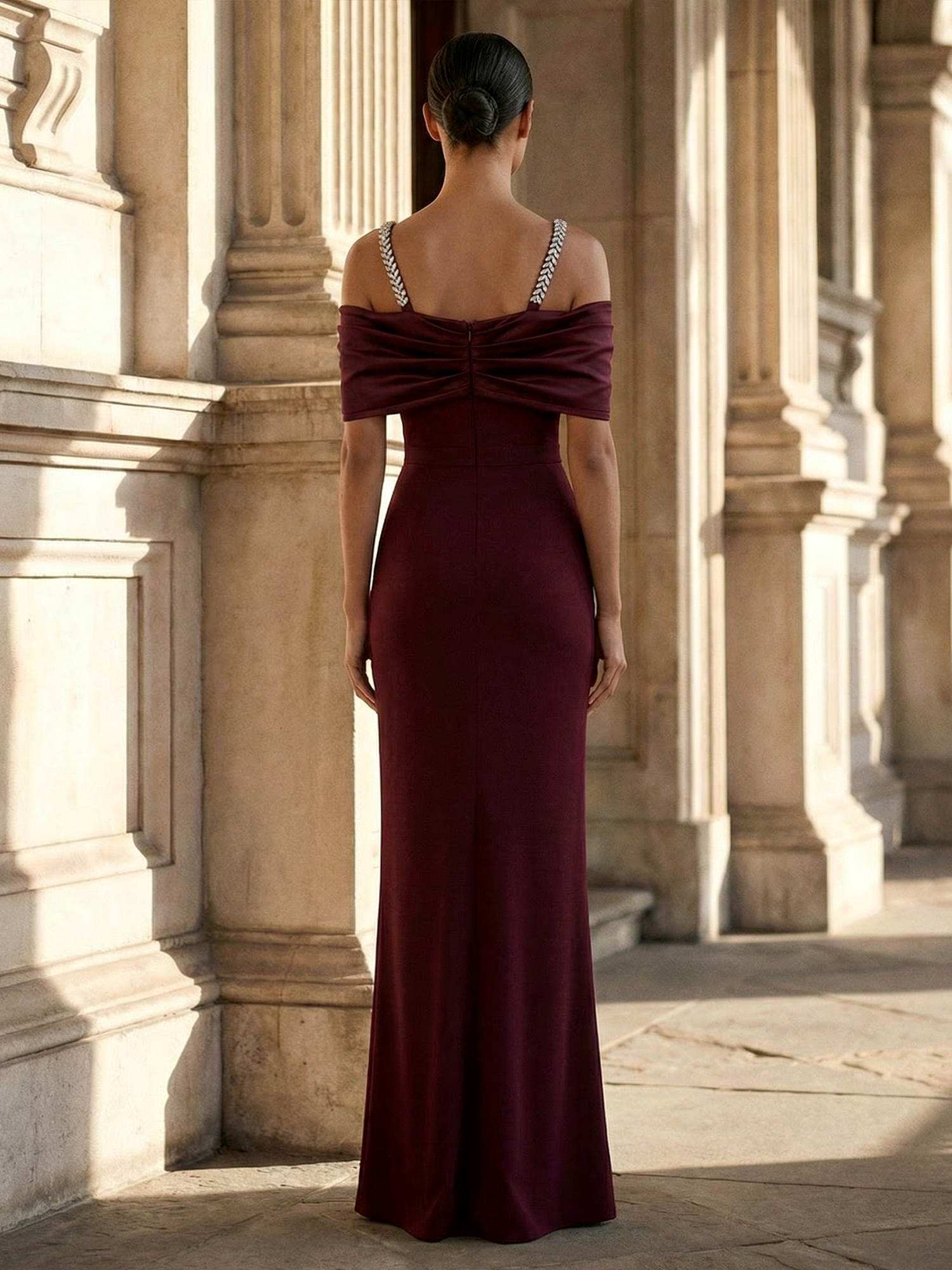 Burgundy Formal Evening Dress Sheath Cold Shoulder Maxi Dress