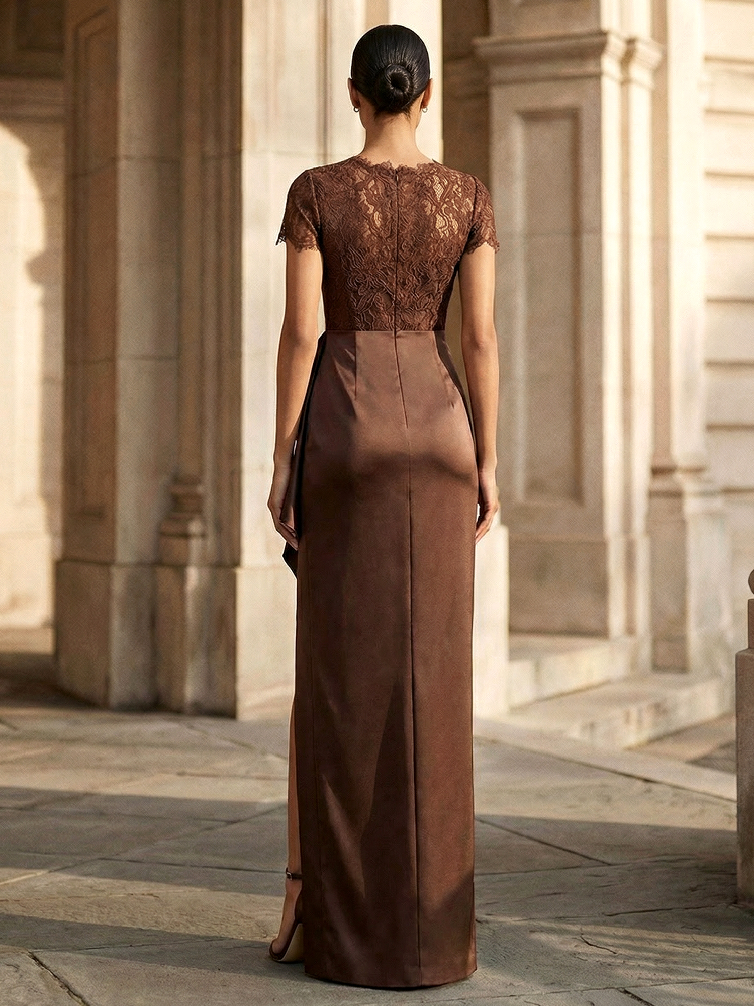 Brown Formal Dress Round Neck Satin Slit Maxi Dress with Ruffle