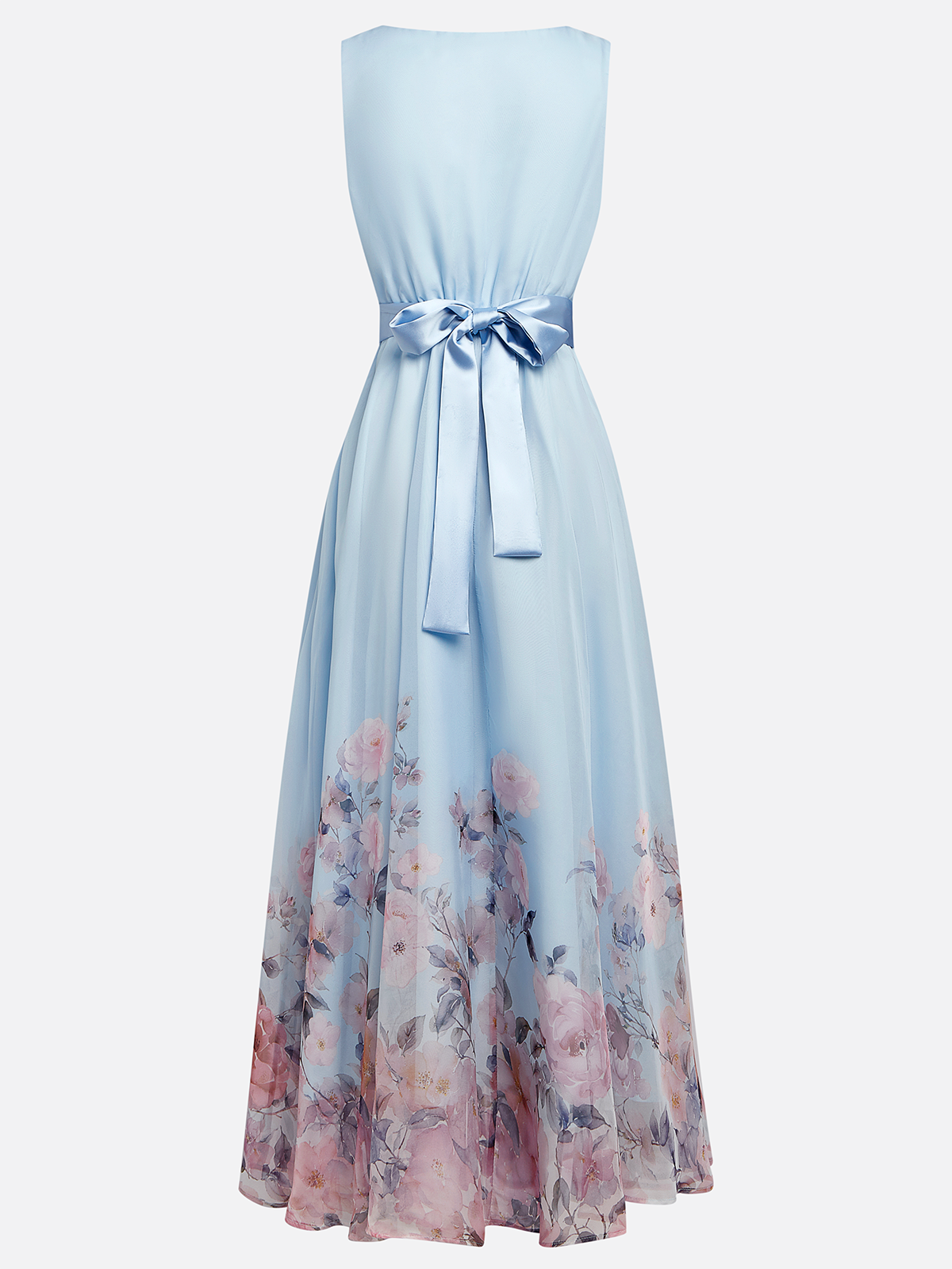 V-Neck Floral Print Chiffon Maxi Evening Dress with Satin Waist Bow